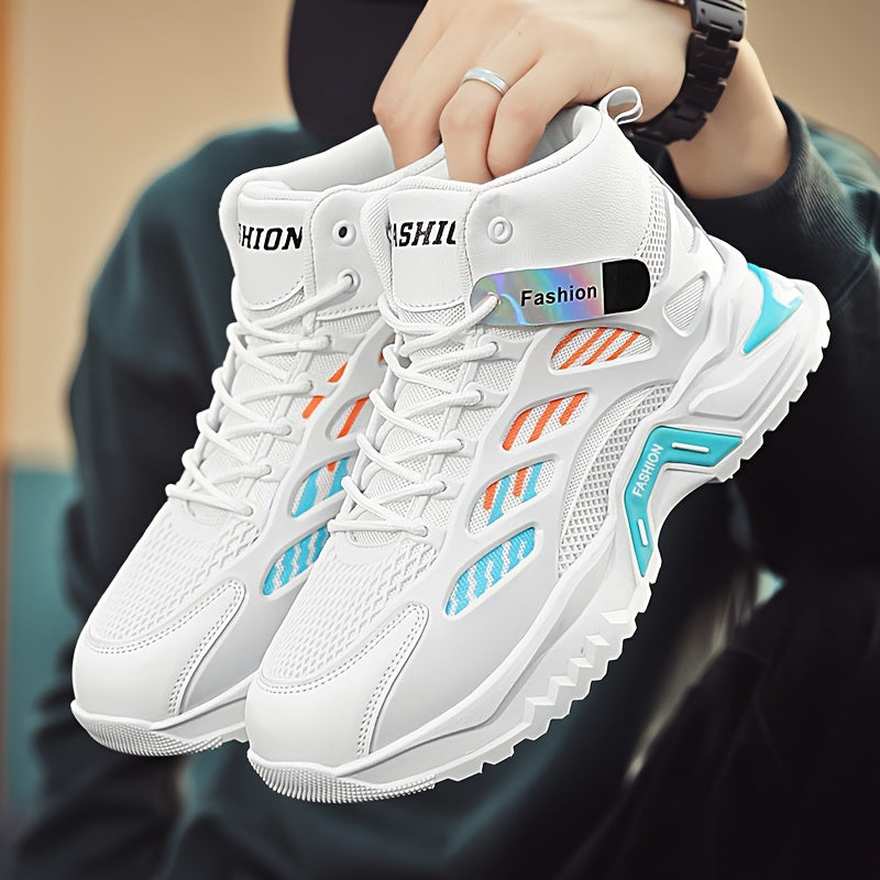 Fashion Mid-Top Sneakers for Men - Casual Street Style Athletic Shoes with Graphic Pattern, Lace-Up Closure, All-Season Round Toe Trainers with PU Upper, Fabric Lining & Insole, Anti-Slip PVC Sole