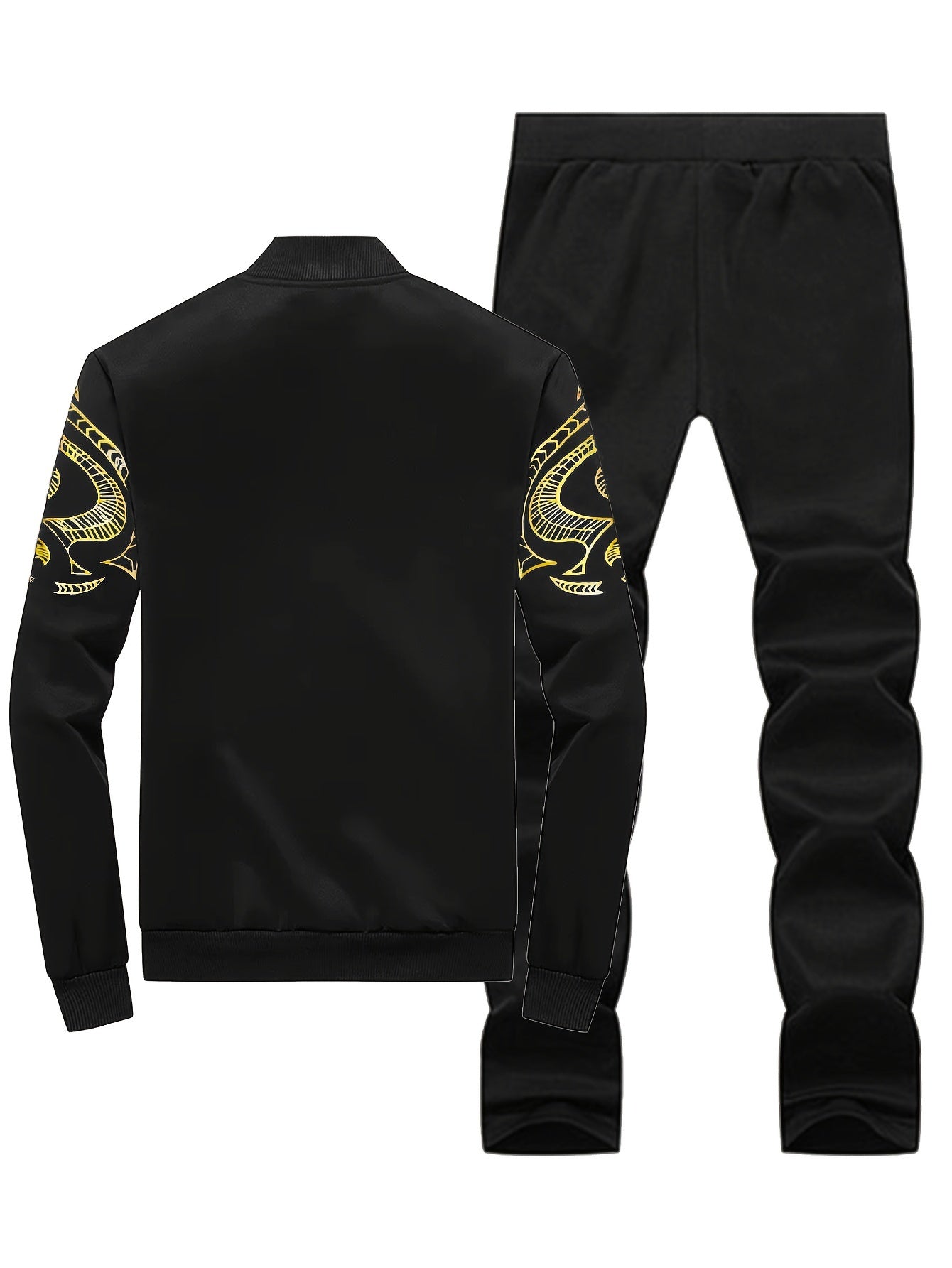 Men's Casual Print Sweatshirt & Joggers Set - Polyester, Stand Collar, Zip-Up Jacket for Spring/Fall