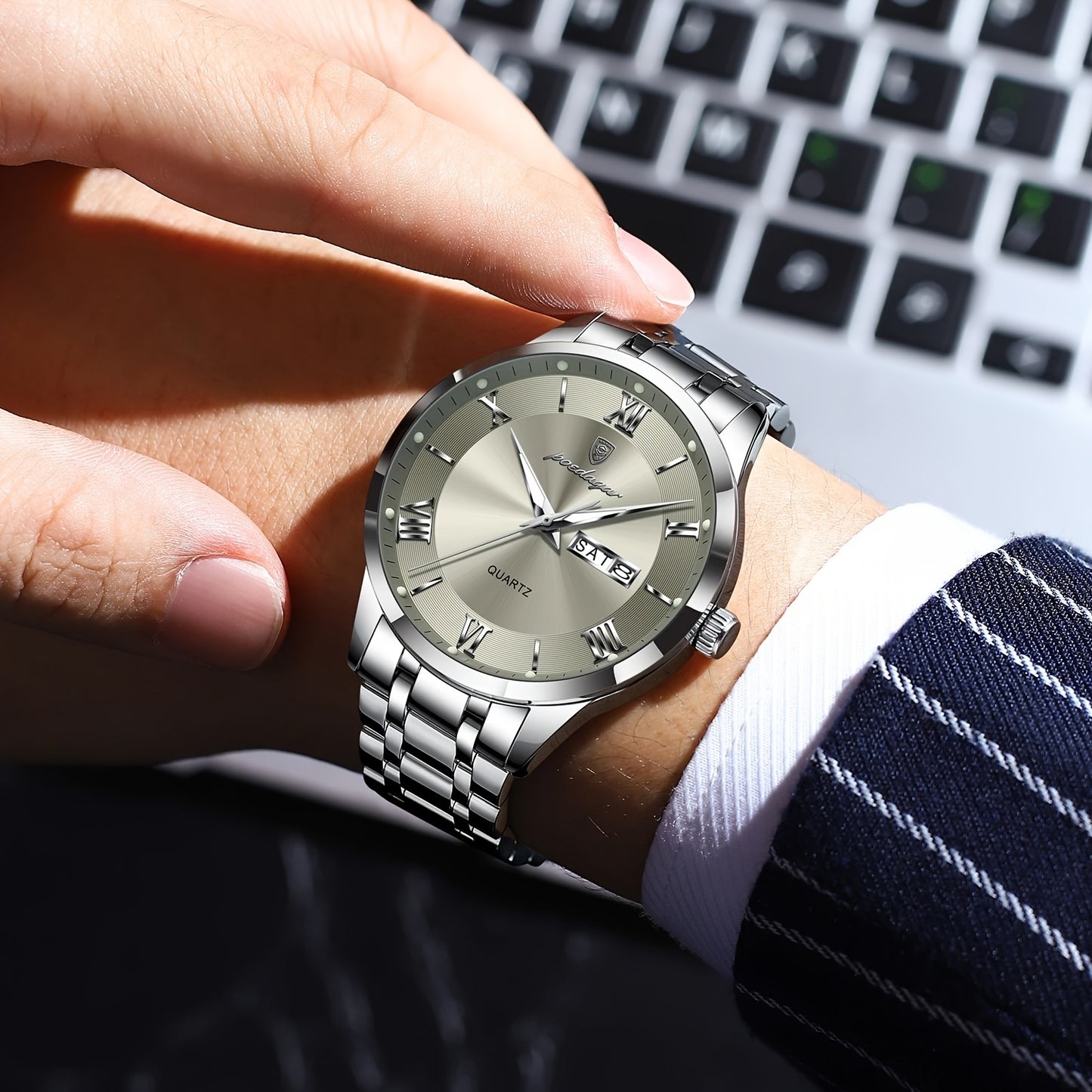 POEDAGAR Men'S Quartz Watch, Sports Style, Waterproof 3ATM, Luminous Calendar, Stainless Steel Strap, Pointer Display, Alloy Case, Electronic Drive, Non-Rechargeable Button Battery, with Spring Festival and Football Holiday T