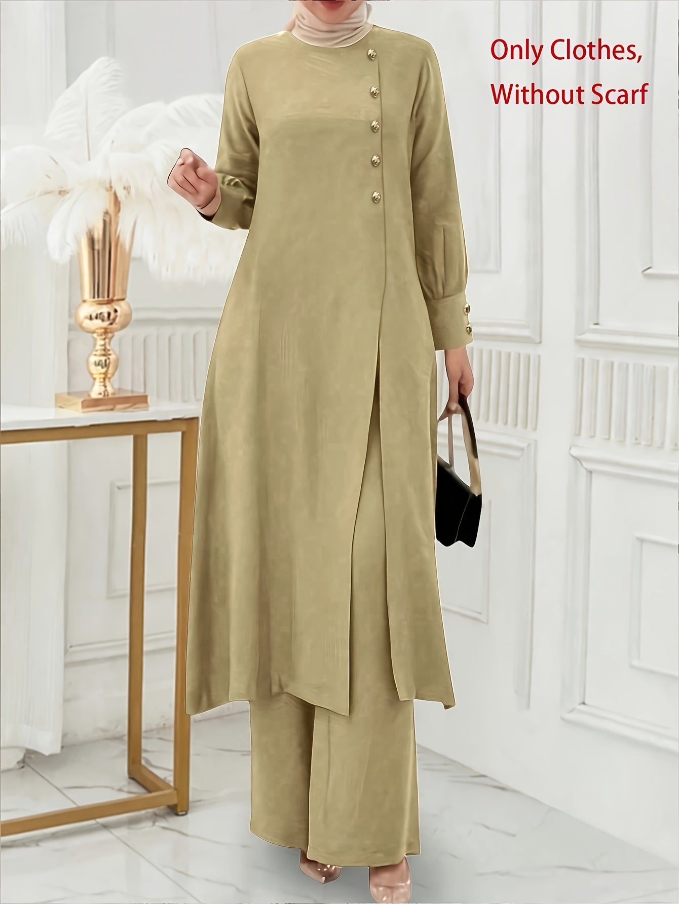 Ramadan, Women's Front-Button Long Sleeve Slit Dress & Pants Casual Arabic Style 2pcs Set, Only Clothes, Without Headscarf