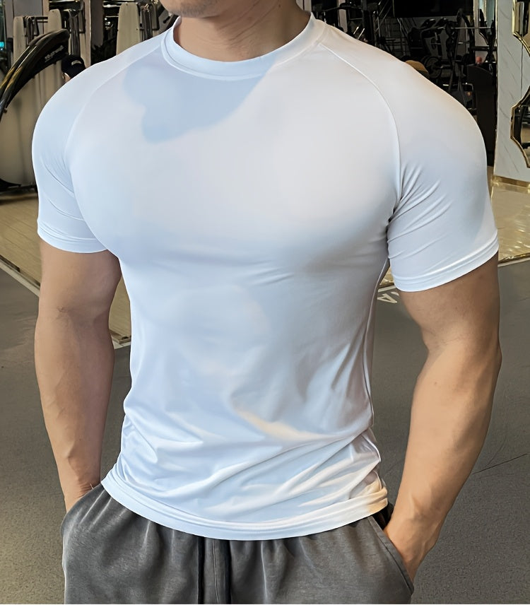 Men'S Slim-Fit Quick-Dry Athletic T-Shirt - Breathable, Stretchy, Solid Color Crew Neck Tee for Gym, Casual Summer Wear, Gym Apparel | Trendy Men'S Tee | Quickdry Materia