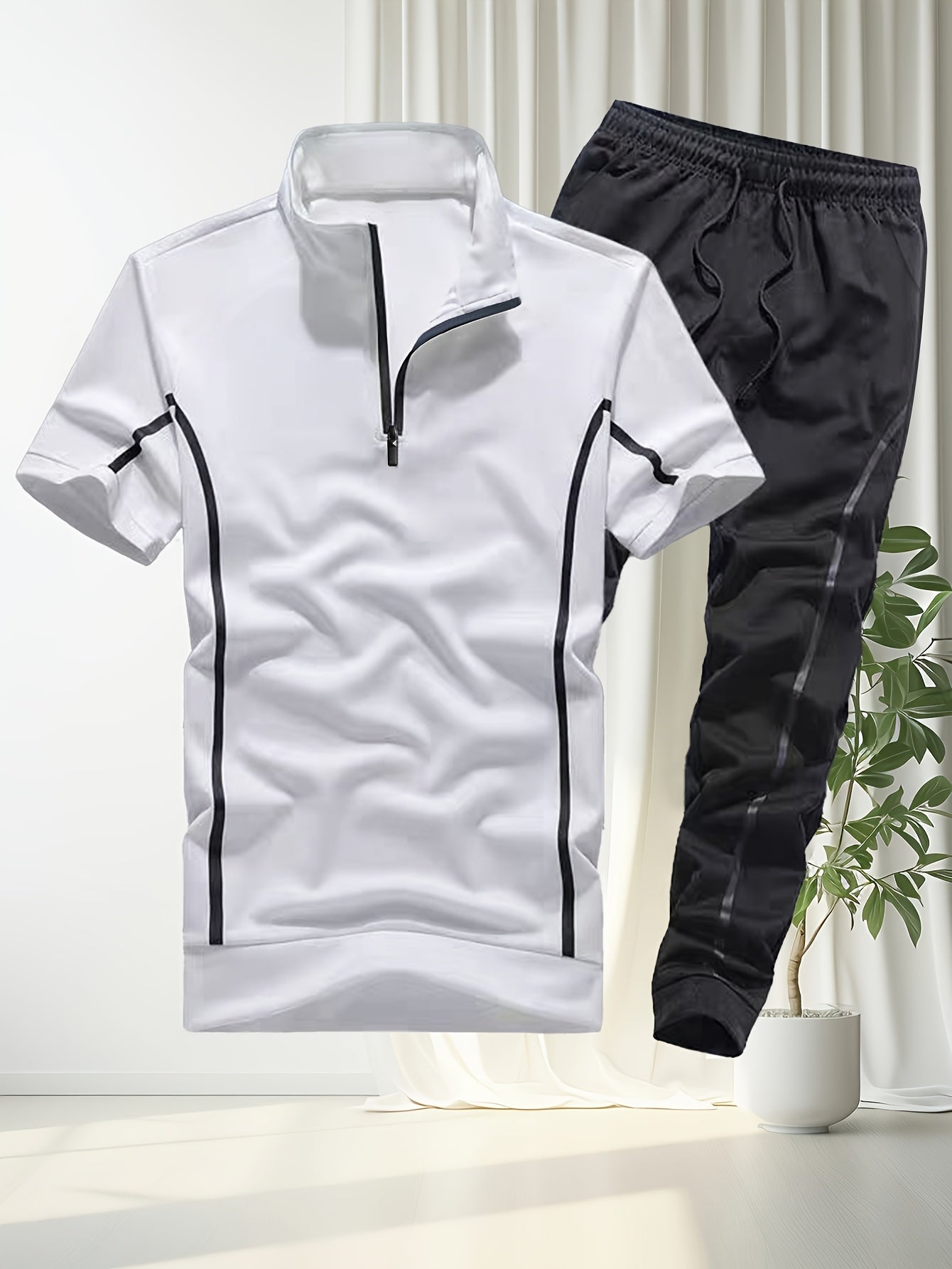 Men'S Casual Summer Two-Piece Set - Loose Fit Short Sleeve Zipper Polo Shirt & Joggers with Side Stripes, Polyester, Ideal for Hot Weather, Summer Casual Wear|Striped Pattern|Polyester Fabric