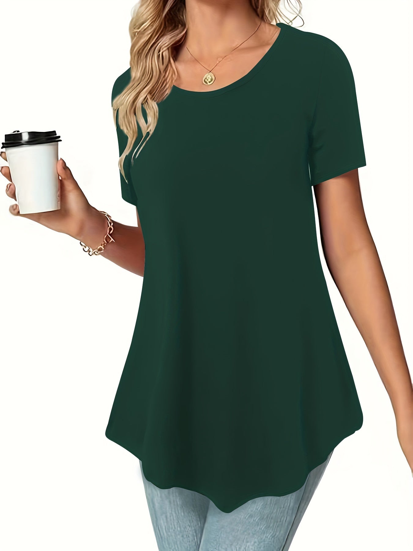 Asymmetrical Hem Crew Neck T-shirt, Short Sleeve Casual Top For Summer & Spring, Women's Clothing