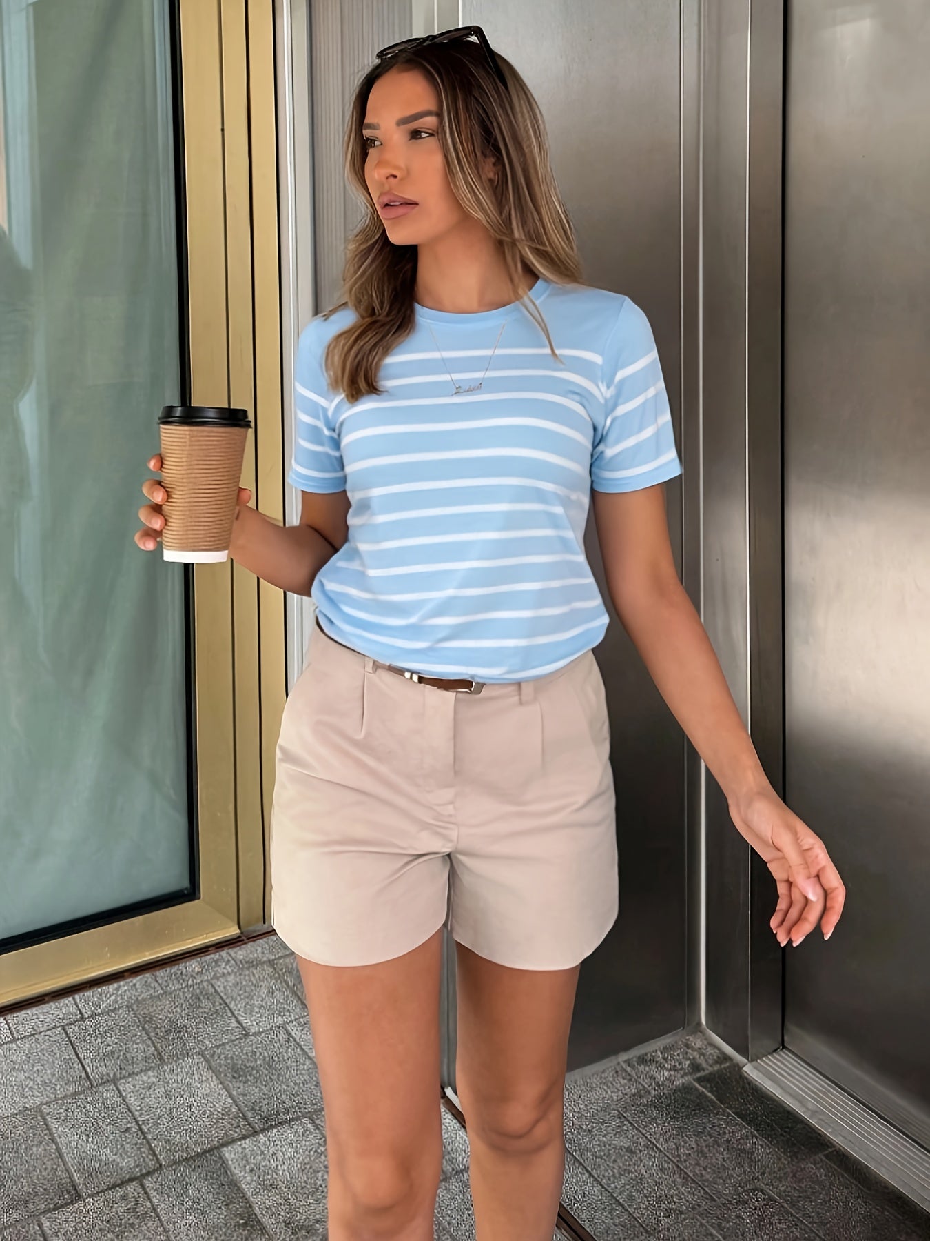 Women'S Y2K Green & White Striped T-Shirt - Casual, Versatile Top for Spring/Summer, Short Sleeve, Round Neck, Casual Attire | Casual Style | Glossy Finish