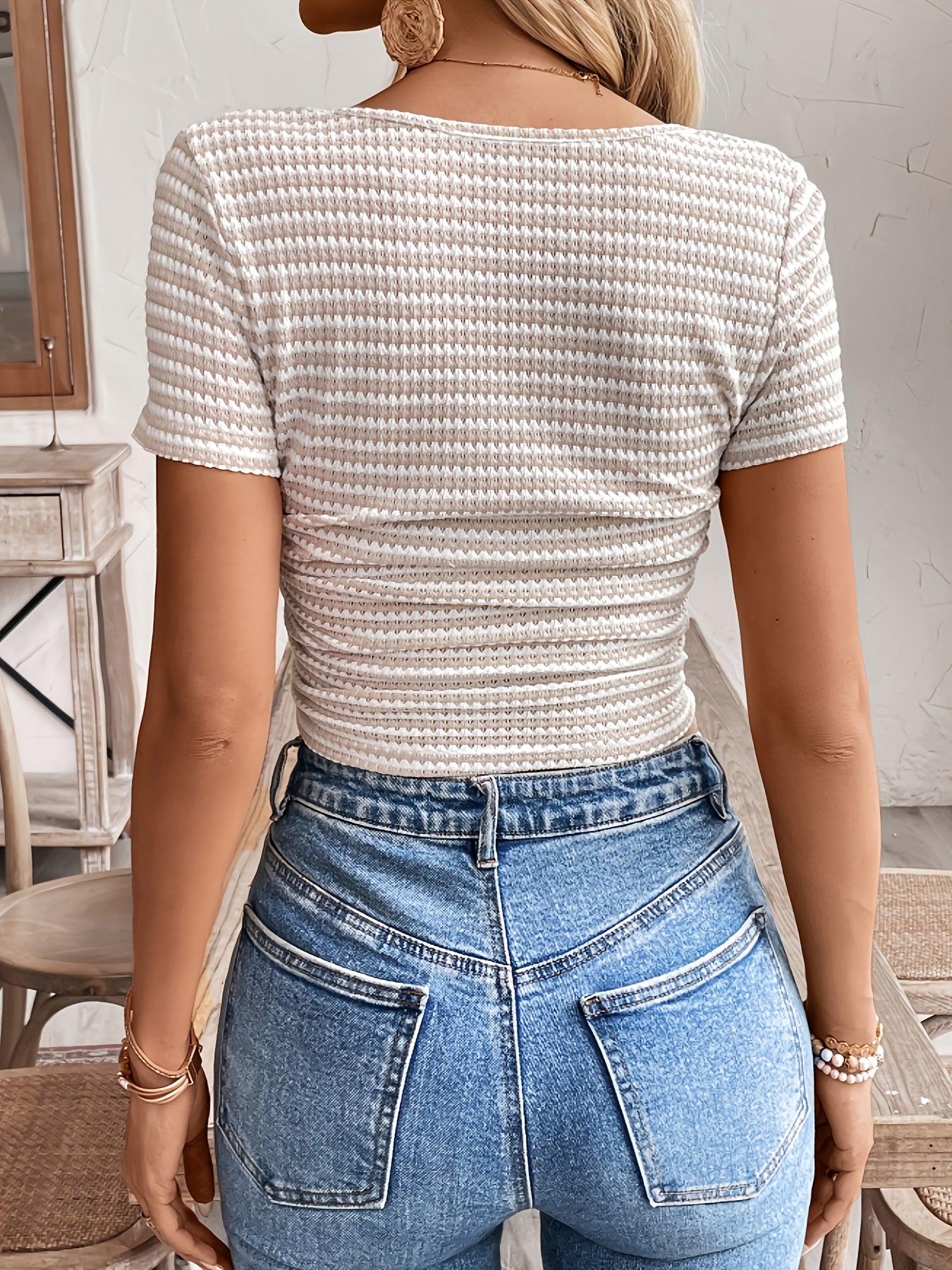Women's Elegant Striped Square Neck Short Sleeve Top - Semi-Sheer Blouse with Cropped Fit, Machine Washable Spring Summer Casual Chic Tops, Crop Top Blouse, Casual Attire, Sophisticated Weave