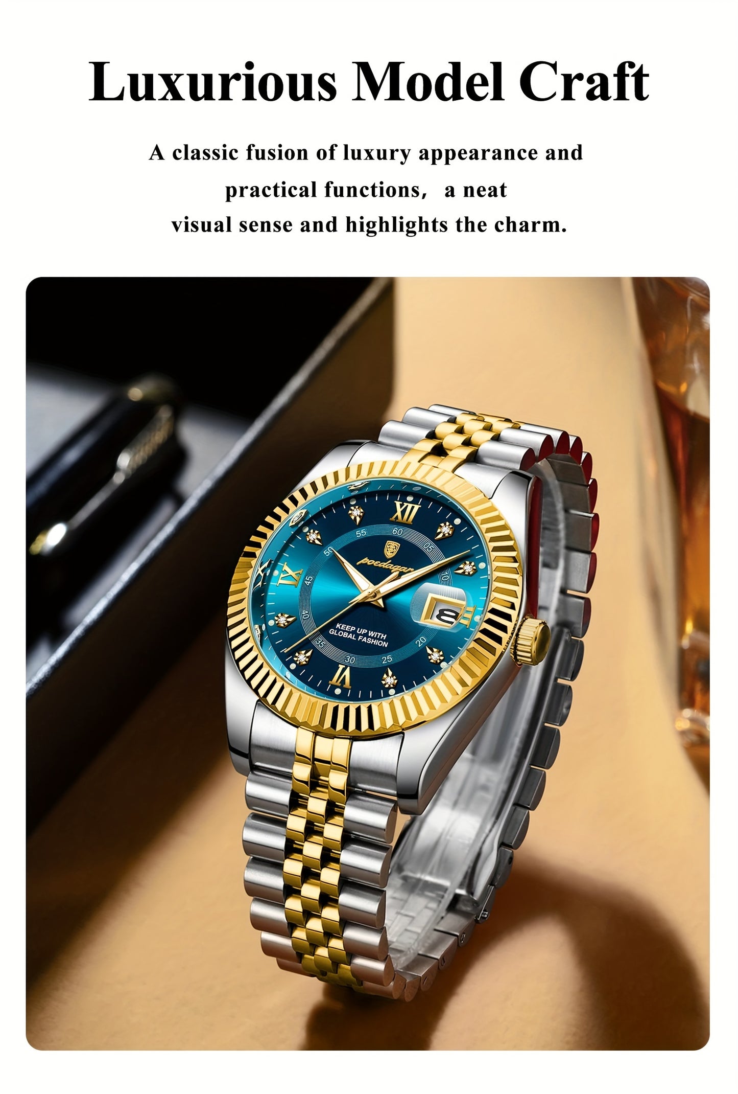 POEDAGAR Luxury Men'S Quartz Watch - Waterproof, Luminous, Stainless Steel Band, Blue & Golden Accents, Date & Week Display, Casual Elegant Timepiece with Backpack Clasp