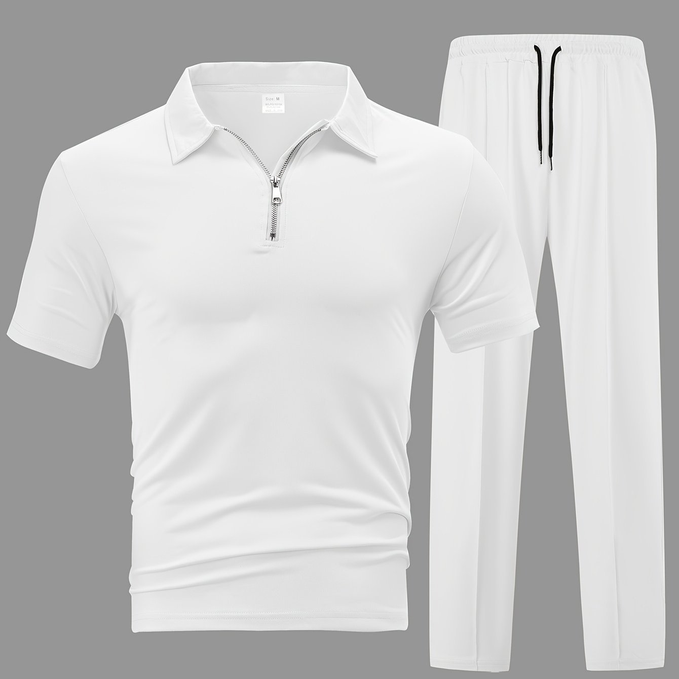 Men'S Casual 2pcs Set Knitted: Zipper Short Sleeve Shirt and Drawstring Pants - Black, Polyester, Suitable for Spring/Summer Casual Wea
