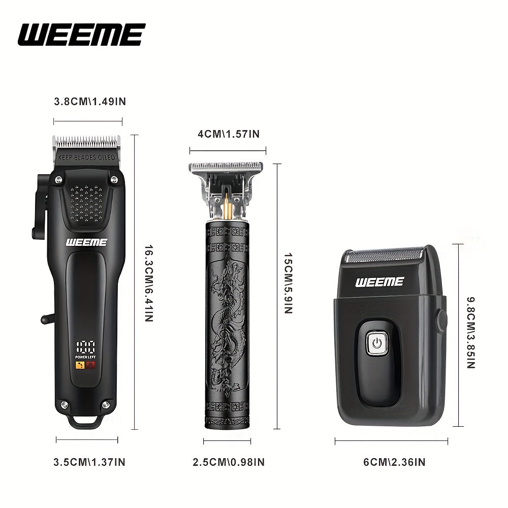 WEEME 3pcs Men's Grooming Kit: Black USB Rechargeable Electric Clipper + T-Blade Trimmer + Shaver Combo, featuring an LCD display and anti-slip textured design for precise haircuts, beard trimming, and sideburns styling—per