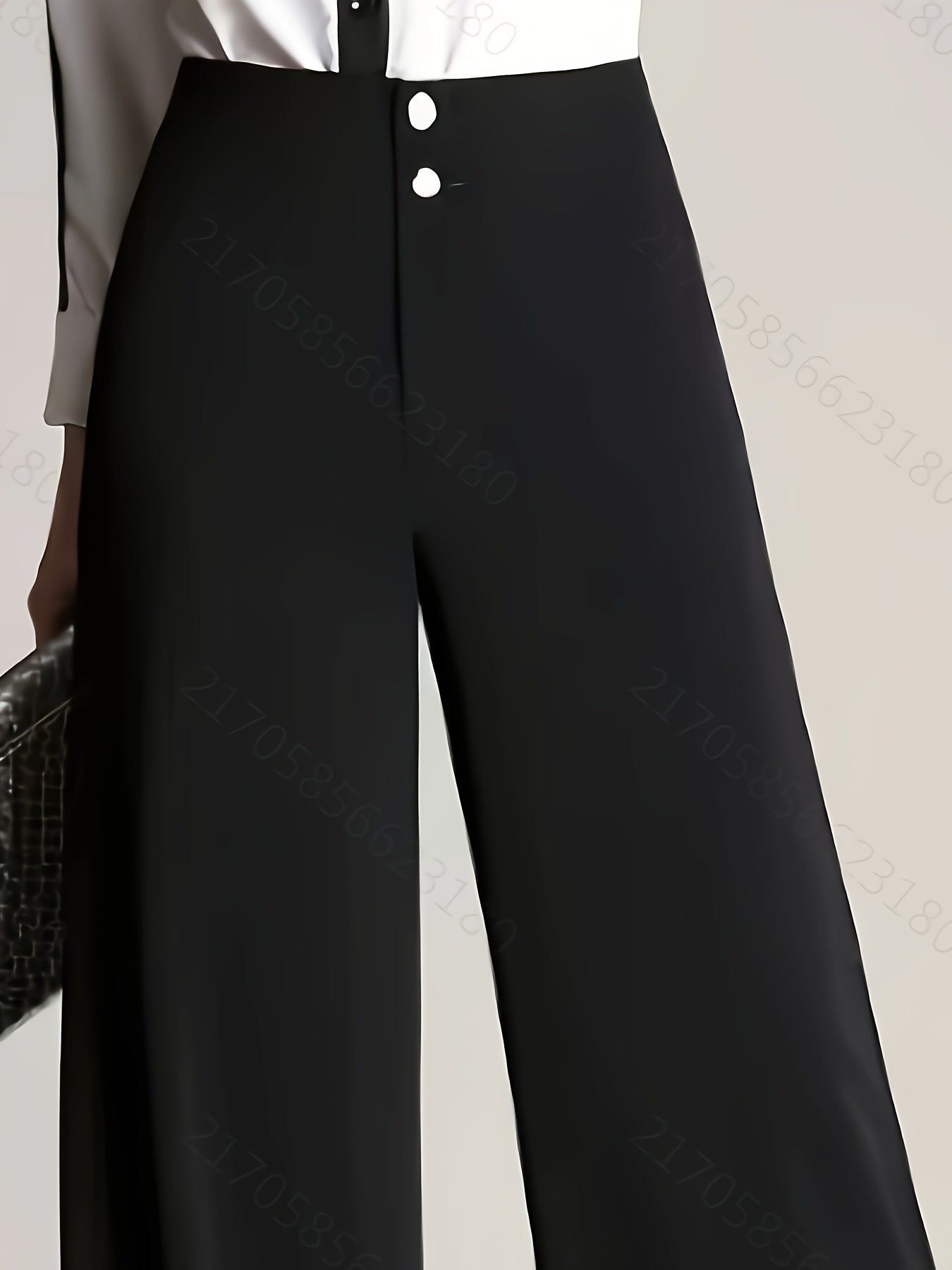 Women'S High-Waist Wide Leg Pants, Casual Solid Color Polyester Blend (94% Polyester, 6% Elastane), All-Season Straight Leg Trousers with Double Button Detail, Zipper Fly Closure, 200g/m² Woven Fabric, Perfect for Going Out