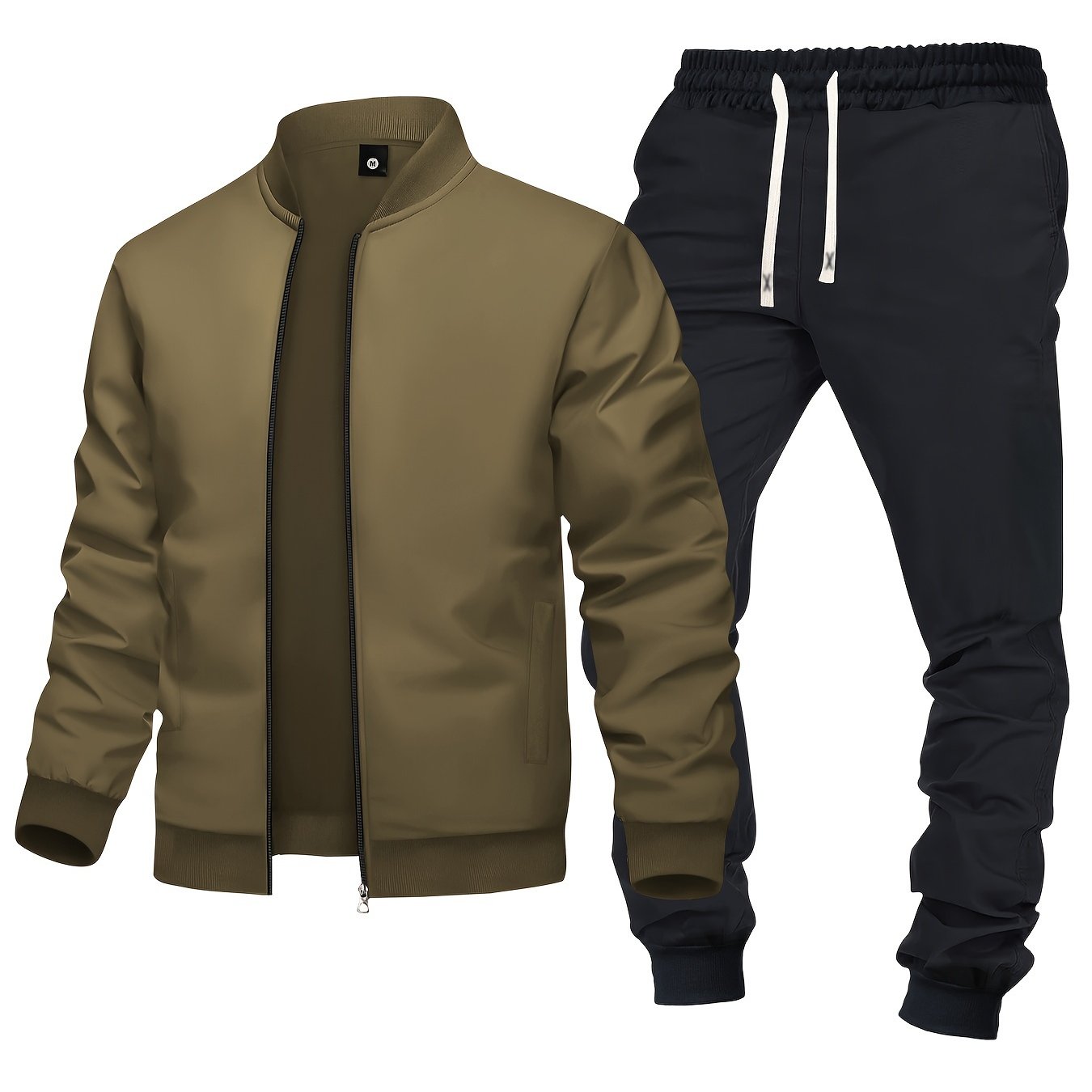 Men's Spring/Fall Casual Zip-Up Jacket & Drawstring Sweatpants Set in Olive Green & Black - Durable Polyester, Machine Washable, with Pockets for Everyday Style
