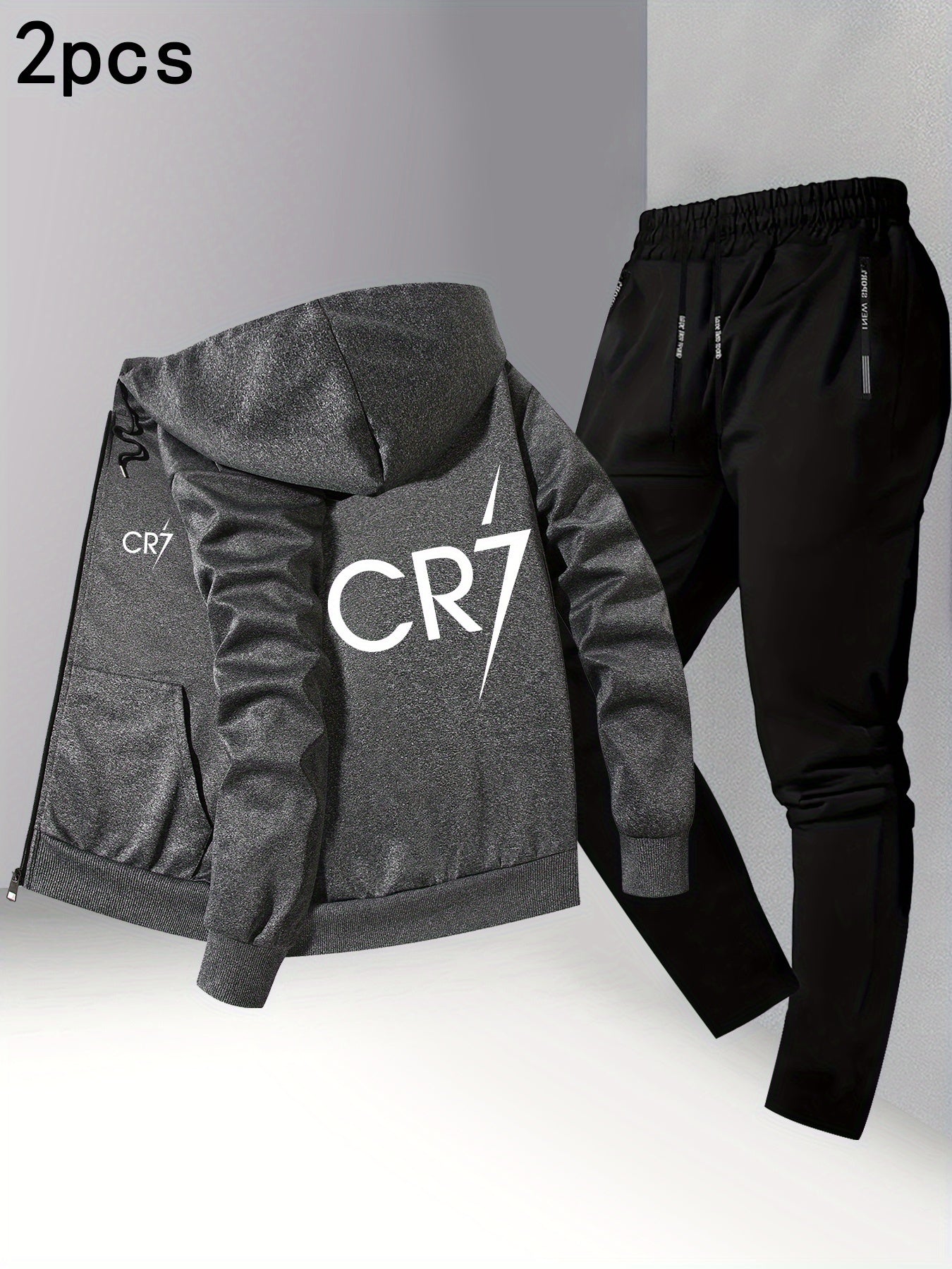 Men'S Trendy CR7 Print Hooded Jacket and Pants Set, Casual Business Suit, Youth Casual Sports Baseball Uniform with Stand Collar