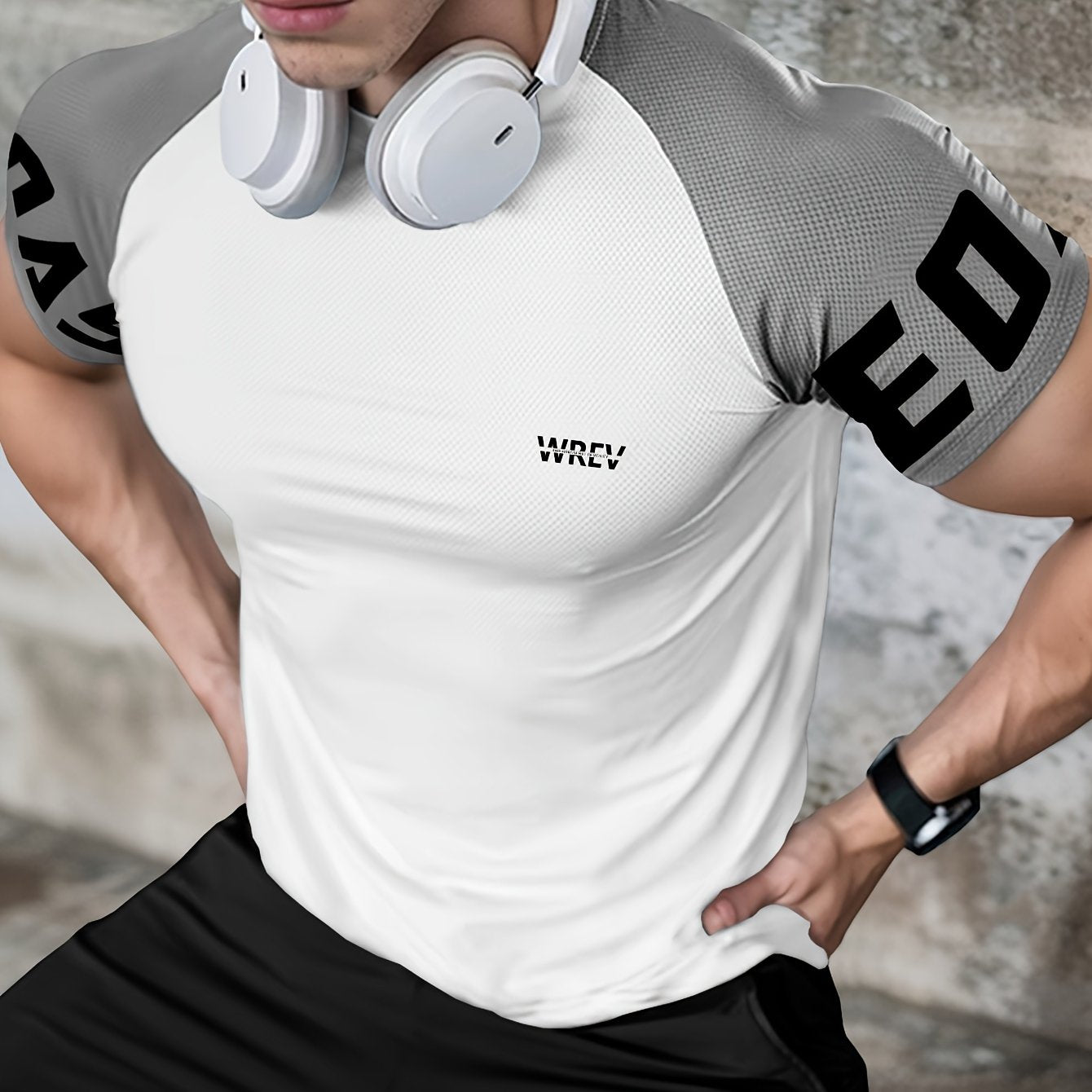 Men's Quick-Dry Breathable Mesh Sports T-Shirt - Summer Gym Workout Top with Contrast Black & White Sleeves & for Man Letter Print, Slim Fit for Running Training Casual Wear, Breathable Running Gear | Sporty Casual Tee | Mesh