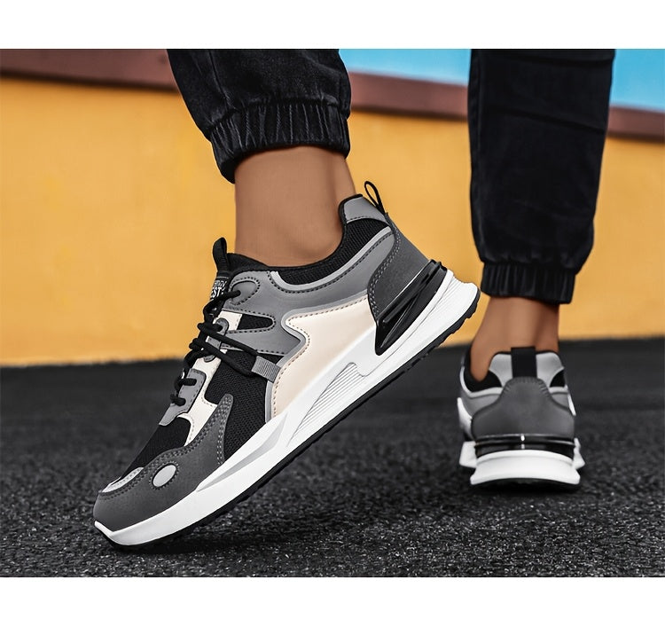 Men's Plus Size Breathable Mesh Casual Sneakers - Low-Top Lace-Up Walking Shoes with Cushioned PVC Sole, All-Season Outdoor & Daily Wear in White/Navy/Red Accents, Outdoor Footwear | Modern Sneakers | Durable Fabric Shoes