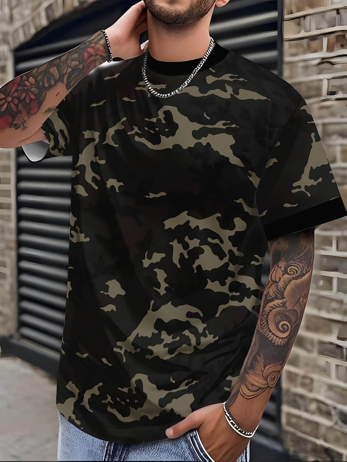 Men'S Camo Print T-Shirt - Short Sleeve, Regular Fit, Casual Style with Skull & Floral Design, Black with Brown/Beige Camouflage Pattern, Perfect for Casual Attire, Everyday Tshirt | Camo Print Tee | Stretchable Fabric