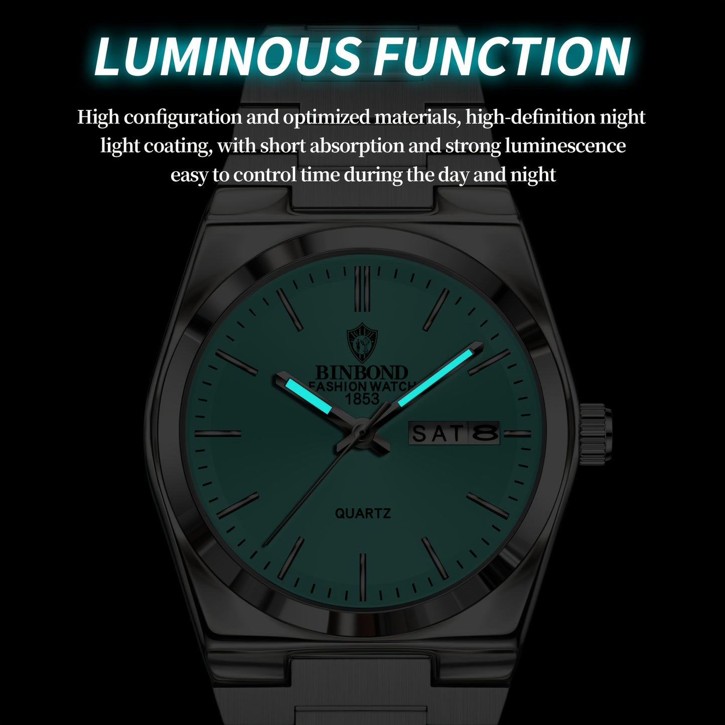 BINBOND Women's Elegant Quartz Watch, Stainless Steel Band, Aqua Green Dial, Date Display, IP67 Rated, Zinc Alloy Case, Perfect for Business or Casual Wear, Casual Wristwatch | Luxury Fashion Accessory | Sophisticated Aesthet