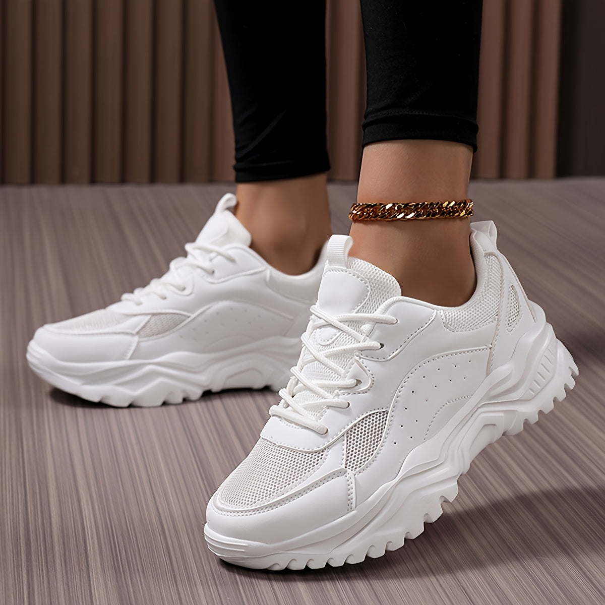 Women's Lightweight Chunky Sneakers - Versatile Korean Style Dad Shoes with Thick Sole, Breathable Mesh Upper, Casual Lace-Up Athletic Footwear in White, Green/White, and Black/Pink