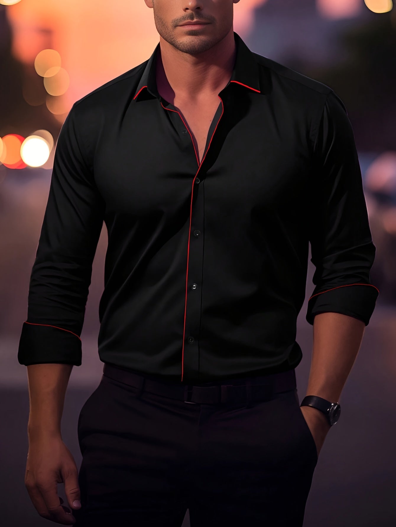 Elegant Men's Solid Color Long Sleeve Dress Shirt with Stylish Contrast Trim - 100% Polyester, Button-Up, Machine Washable - Ideal for Formal & Semi-Formal Occasions