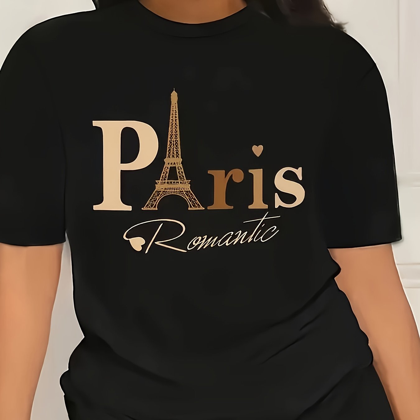 Women's Paris Romantic Graphic Print T-Shirt - Black & Golden Eiffel Tower Design, Short Sleeve Crew Neck Casual Top, Breathable Summer & Spring Tee, Machine Washable, Everyday Fashion, Fashionable Casualwear, Relaxed Fit Shi