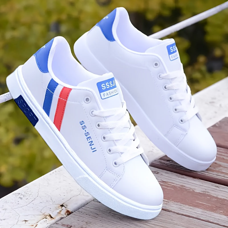 Men'S Fashion Sneakers, White PU Low Top Lace-up Casual Walking Shoes, Solid Striped Design, Breathable Non-Slip, All-Season, Round Toe, Fabric Inner, PVC Sole, Cloth Insole - Preppy Vintage Style