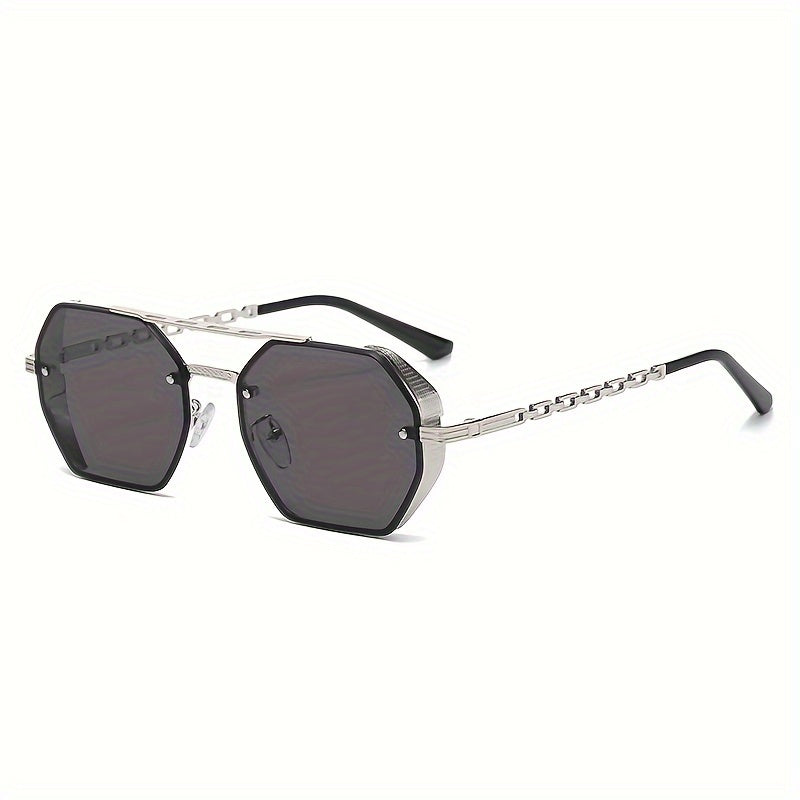 1pc Stylish Polygonal Golden Frame Fashion Glasses with Chain Link Design - Black Metal Fashion Glasses for Fashion-Forward Look