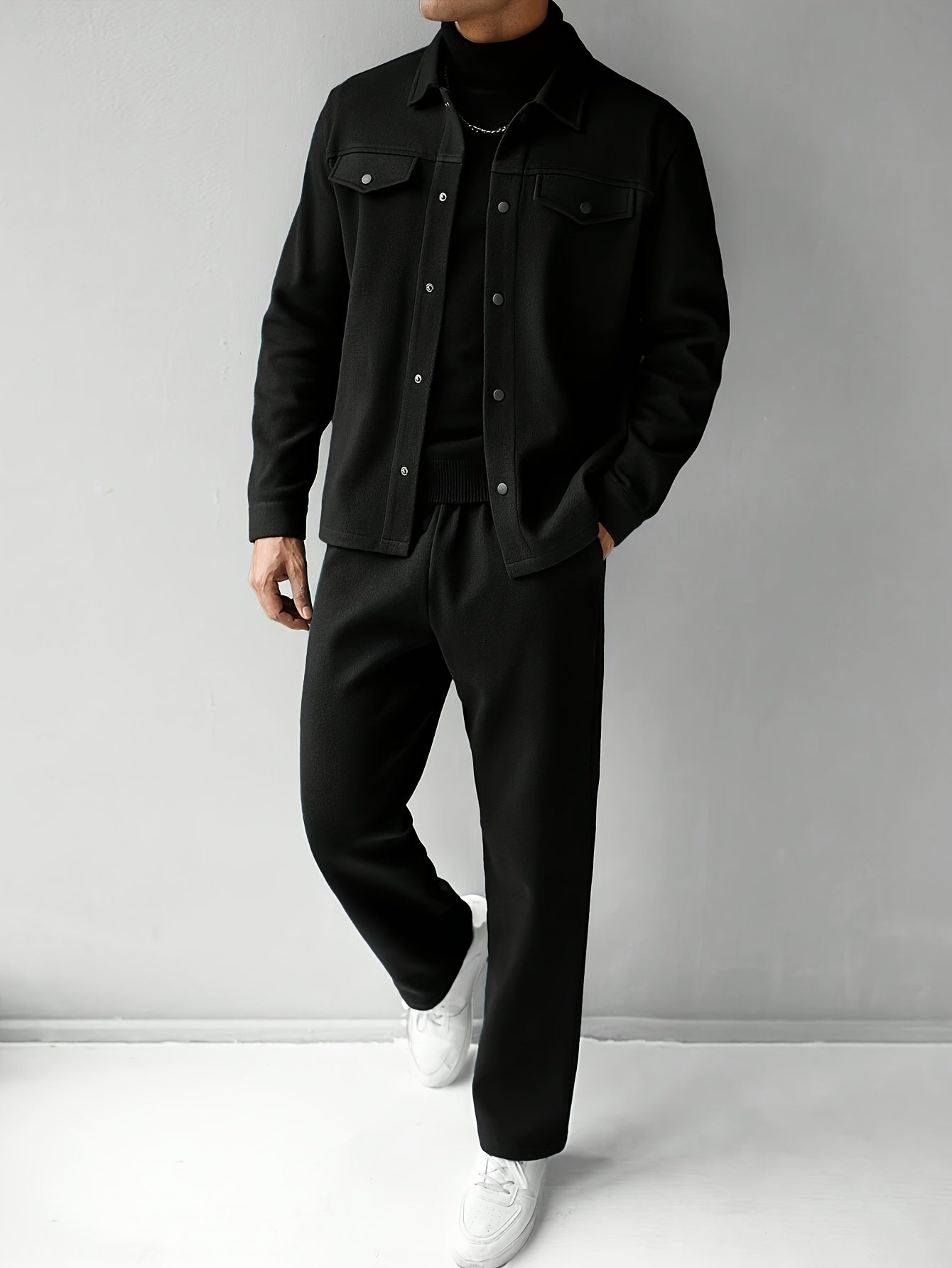 Men'S Two-Piece Casual Outfit - Black Button-Up Shirt & Pants, Long Sleeve, Loose Fit, Non-Stretch Fabric, Perfect for Spring/Fall, Casual Attire|Relaxed Fit|Buttonup Shirt