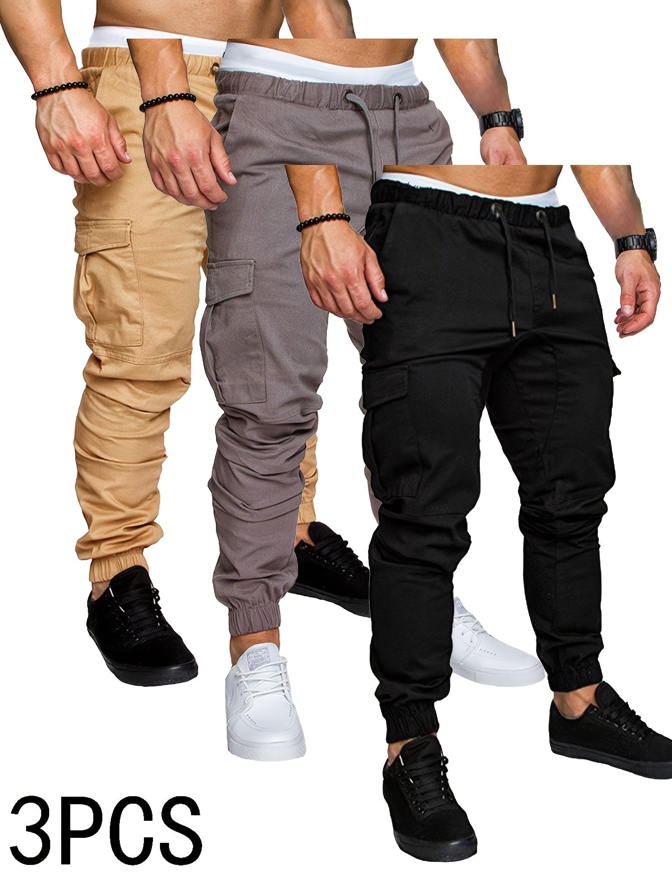 3-Pack Men'S Casual Cotton Cargo Pants, Solid Color, Non-Stretch, Regular Length, Drawstring Waist, Four Seasons, Standard Fit, Woven Fabric