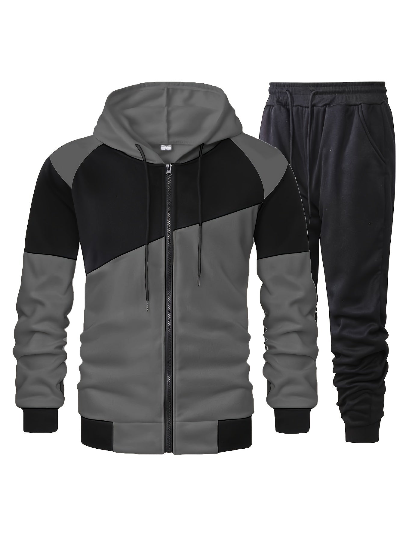Elson OBM Men's Autumn and Winter Sportswear Set, Men's Color Block Long Sleeve Hooded Zip-Up Jacket with Solid Drawstring Joggers Outdoor and Sports Outfit... Top Bottoms Set