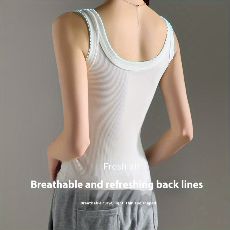 1pc Women'S Casual Ribbed Tank Top, Solid Color Knit Vest with Side Stripe Detail, Low Neck Polyester Camisole for All Seasons, Versatile Layering Piece