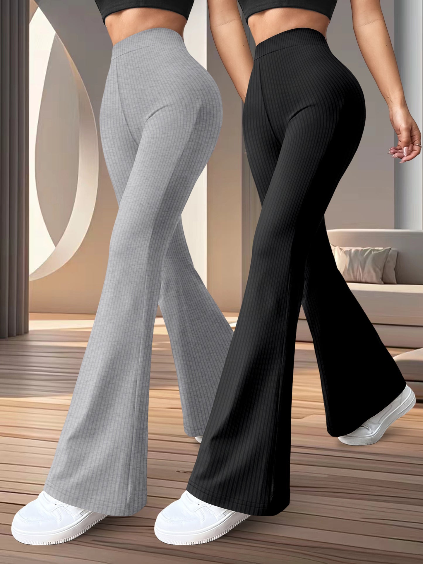 2-Pack Women'S High Waist Flare Leg Pants, Casual Stretchy Yoga Sports Trousers, 96% Polyester 4% Spandex, All-Season Knit Fabric, Solid Color Long Length Pants for Women