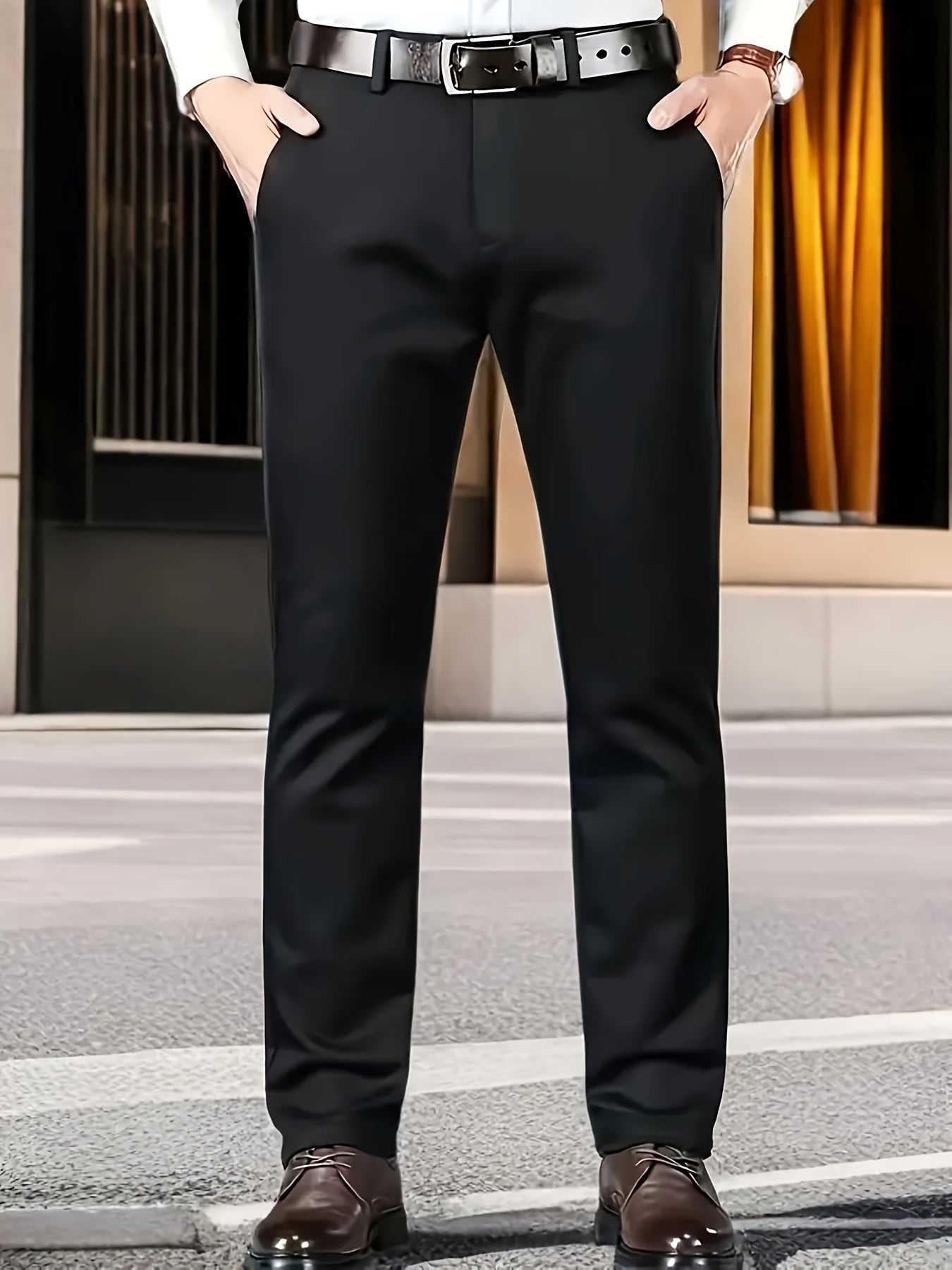 Men's Classic Business Dress Pants, Solid Color Casual Trousers, 100% Polyester, Regular Fit, with Zipper Fly, for Daily Wear and Gifting, All-Season, Allseason Trousers | Notch Lapel Design | Polyester Trousers