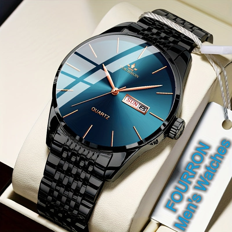An Ideal Choice For A New FOURRON Brand Men's Luxury Stainless Steel Strap Simple Dial Quartz Watch With Date Calendar, Trendy Fashion Sports Casual Lifestyle Travel Multi-function Watch, Ideal For Friends' Birthdays, Holiday