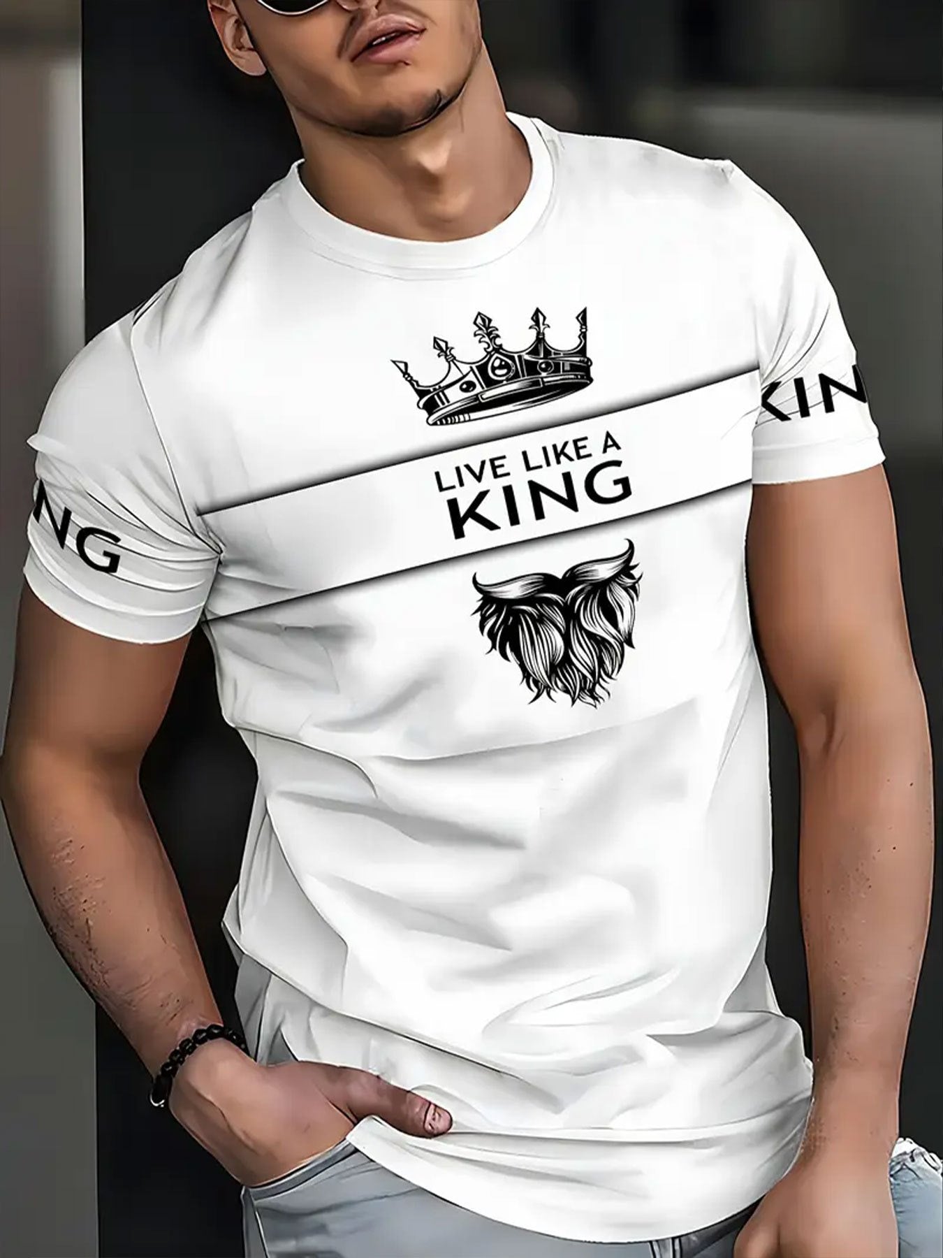 Men'S Casual Short Sleeve T-Shirt - Breathable Summer Tee with Crown & Wings Graphic, Regular Fit Round Neck, Lightweight Comfort for Casual Attire, Comfortable Clothing | Stylish Casualwear | Breathable Fabric