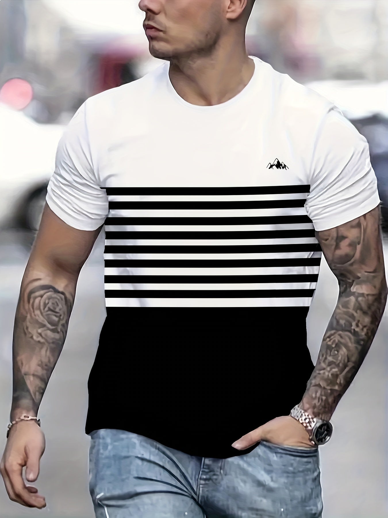 Stylish Men'S Top, a Short-Sleeve T-Shirt with Vibrant 3D Print Striped Patchwork And a Round Neck, Perfect for Summer Street Fashion And Casual Sports.