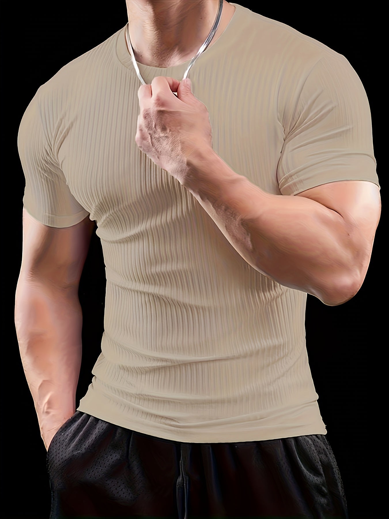 Men's Slim Fit Ribbed Short Sleeve T-Shirt - Stretchy Athletic & Casual Wear, Green, Round Neck, Machine Washable, Muscle-Enhancing Design, Gym Shirts