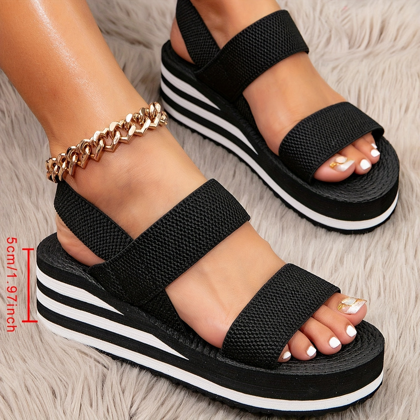 Women's Summer Wedge Sandals | Black Fabric with White Stripes | Elastic Ankle Strap & Open Toe Design | Comfortable EVA Sole | Casual Beach Footwear for All-Day Wear, Ladies Sandals