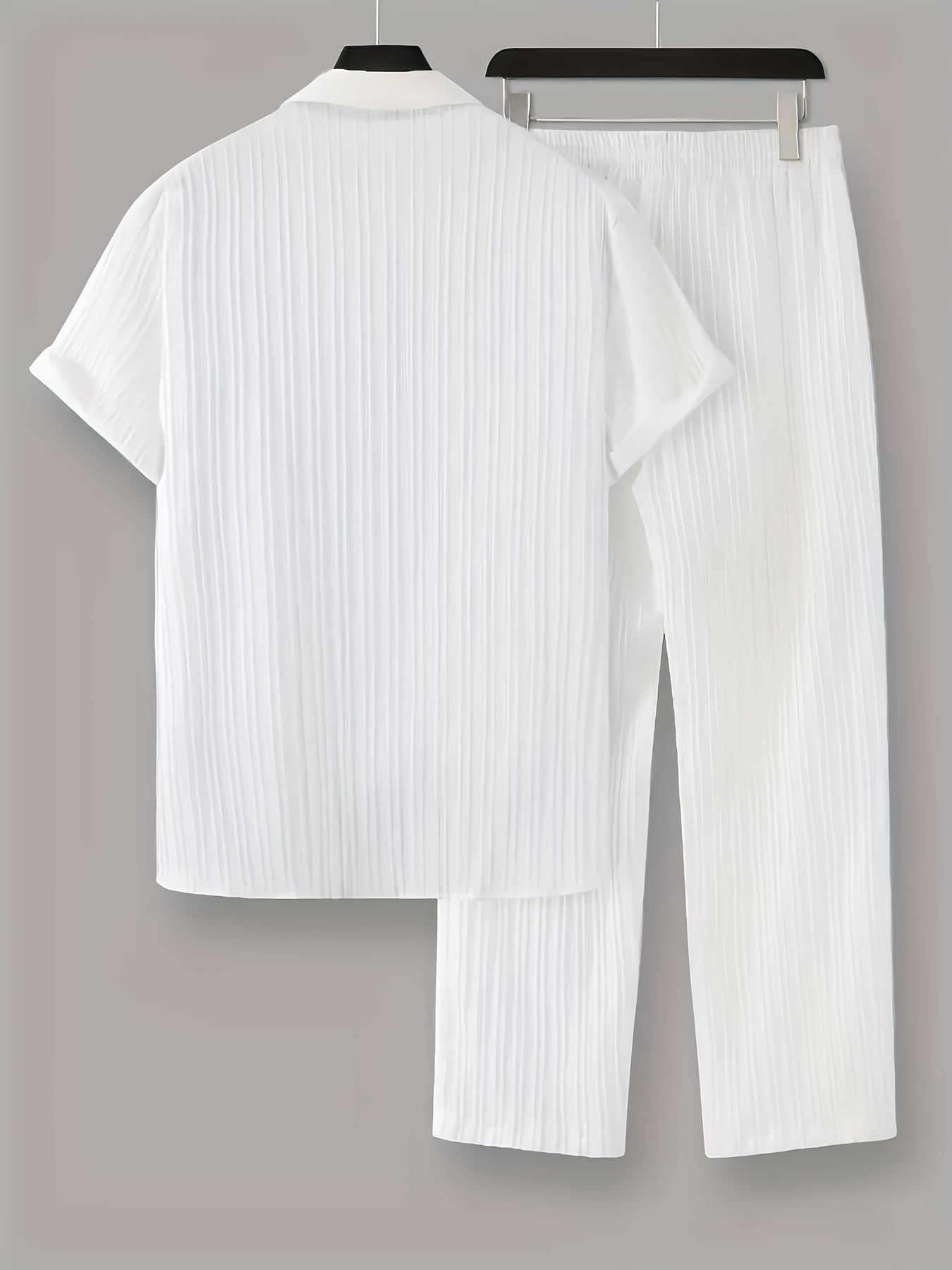 New Men's Short-Sleeved Cardigan Turnover Collar Shirt and Trousers Home Leisure Outerwear Set Men's Fashion Striped Style