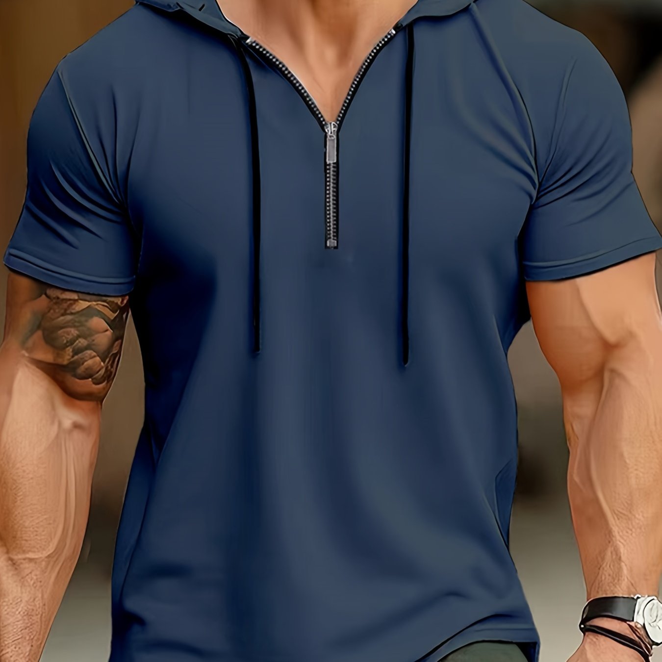 1pc Men's Light Blue Casual Hooded Short Sleeve T-Shirt with 1/4 Zipper, Breathable Stretch Fabric for Gym, Outdoor & Summer Wear, Gym Apparel, Stylish Contrast Detailing, Comfortable Fit