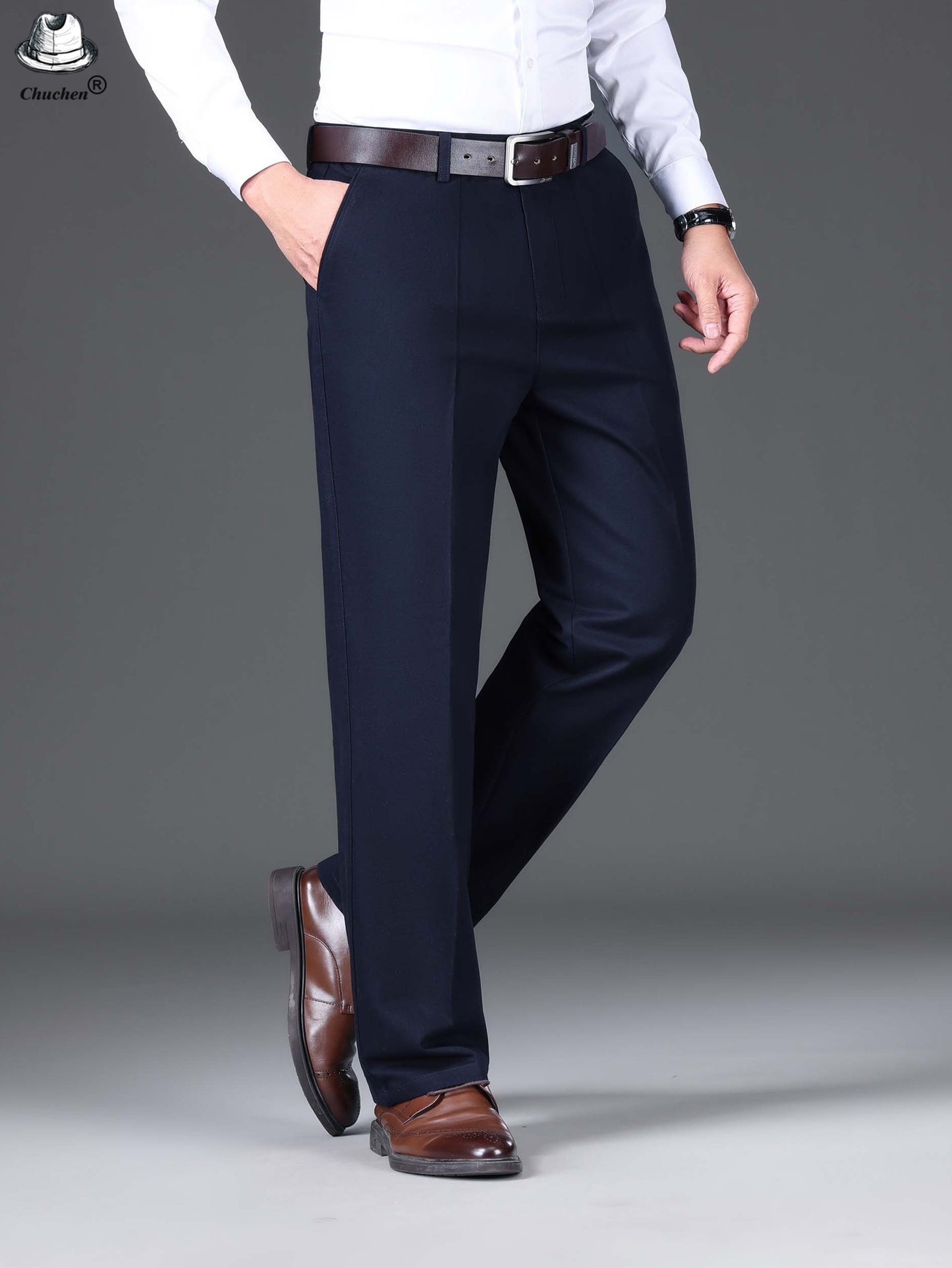 1pc Classic Fit Men'S Dress Pants - 100% Cotton, Solid Color, Non-Stretch, Regular Length, for Autumn/Winter - Business Casual Style