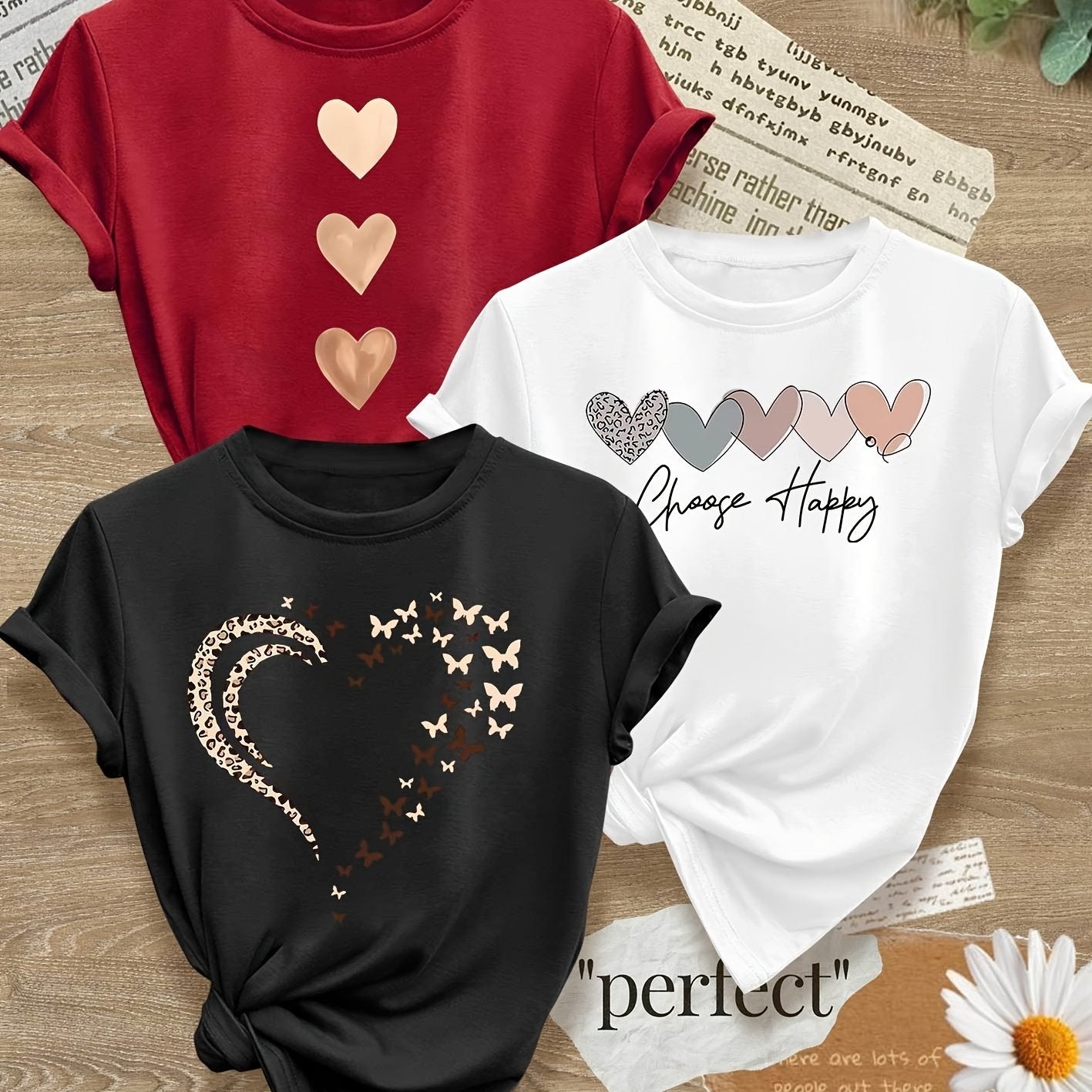Leopard Print Small Butterfly Love Hearts in Pairs with English Letter Pattern Printed Fashion Retro Style Women's Spring, Autumn and Winter Casual Sports Top Round Neck Short Sleeve T-shirt 3pcs Combination Pack Family Pack
