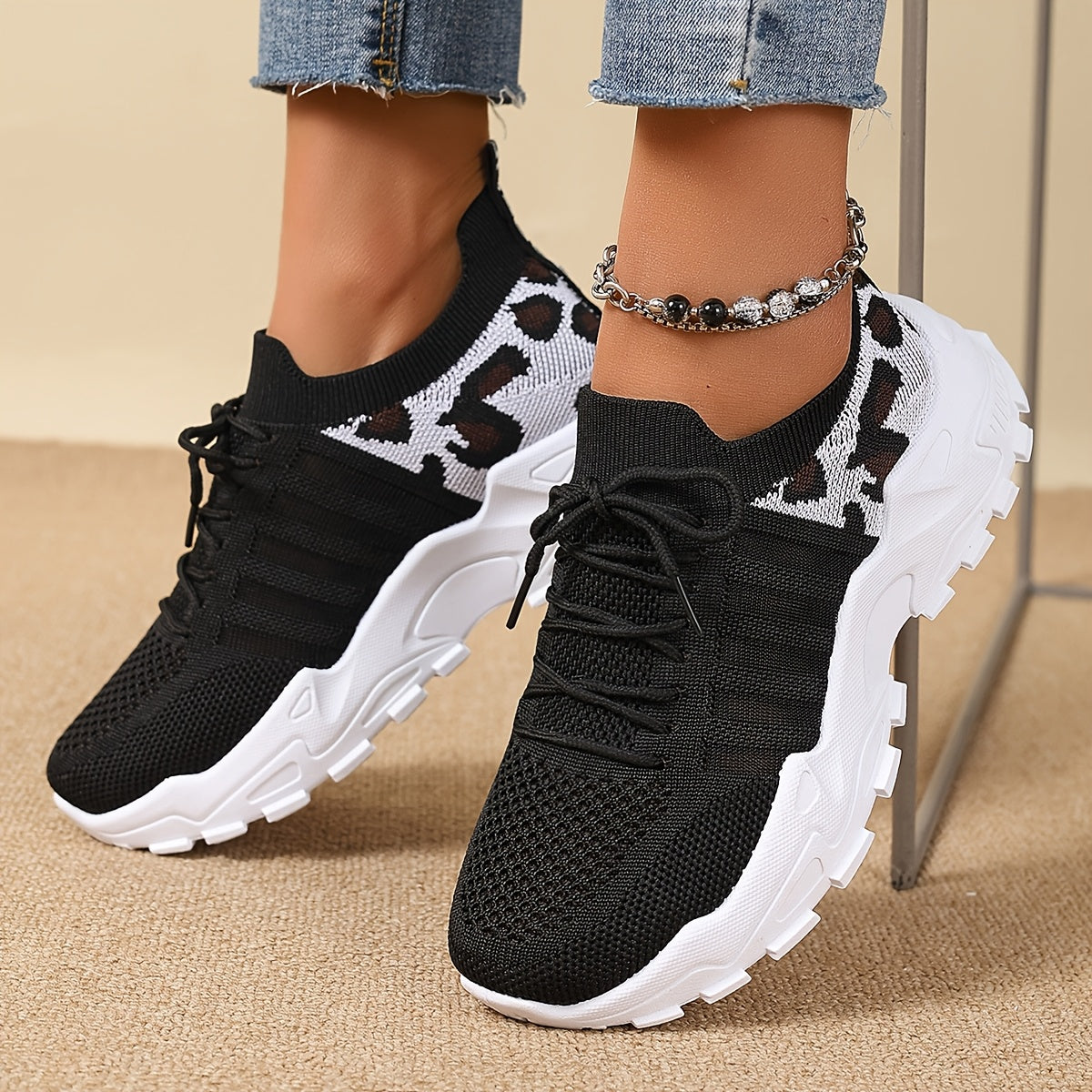 Women's Fashion Leopard Print Lace-Up Sneakers, Breathable Mesh Walking Shoes for Spring/Summer, Lightweight Comfortable Casual Sports Control Footwear with PVC Sole and Microfiber Insole
