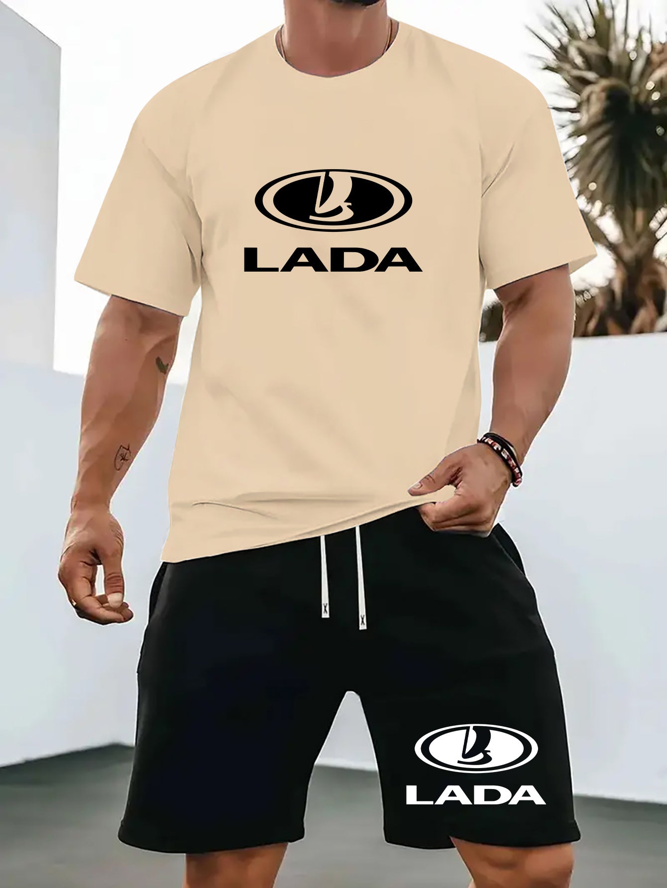 Men'S Summer Casual Sport Two-Piece Set - LADA Letter Pattern Print T-Shirt and Black Drawstring Shorts, Casual Sportswear, Regular Fit - Perfect for Summer Outdoor