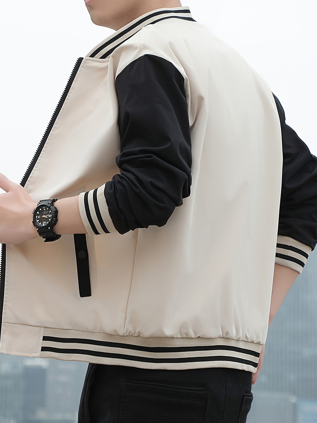 Men'S Lightweight Geometric Pattern Bomber Jacket - Casual Long Sleeve Zip-Up with Pockets, White & Gray, Polyester Lining, Perfect for Fall, Autumn Jacket
