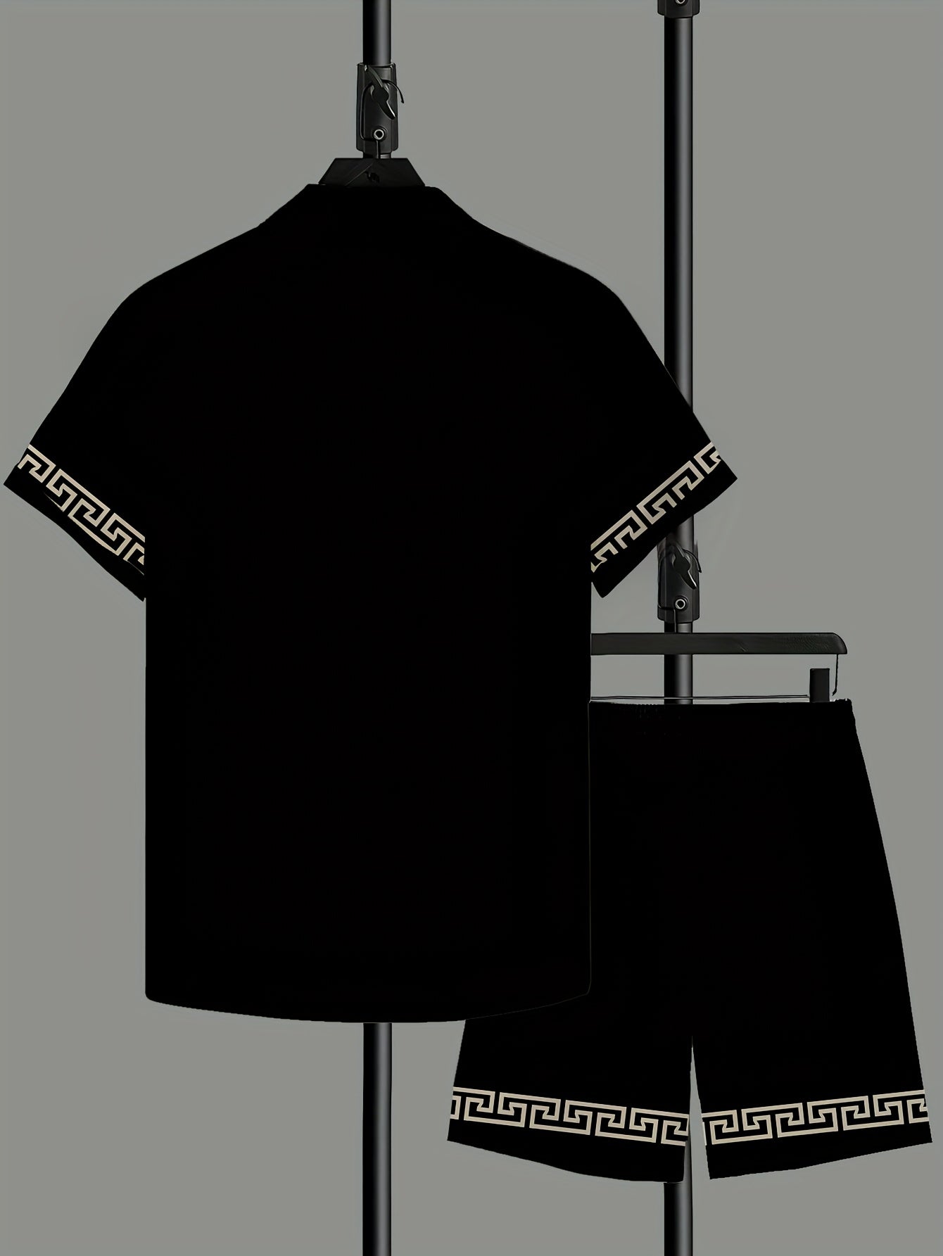 Men's Casual Summer Shirt Set, Elegant Black Silvery-Edge Pattern 3D Print, Loose Lapel Short Sleeve Shirt and Drawstring Shorts 2pcs