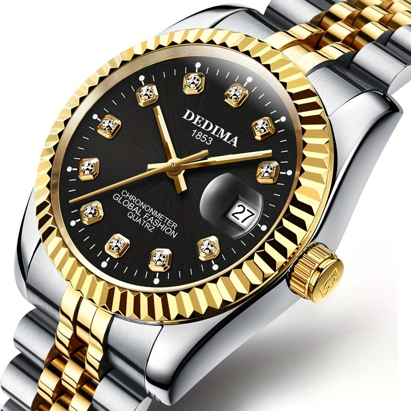 DEDIMA Elegant Stainless Steel Band Calendar Watch, Quartz Movement, Round Dial with Rhinestones, Battery-Powered, Non-Rechargeable Button Battery, Regular Cleaning, for Men, Women, Students, Christmas, Valentine'S Day, Thank