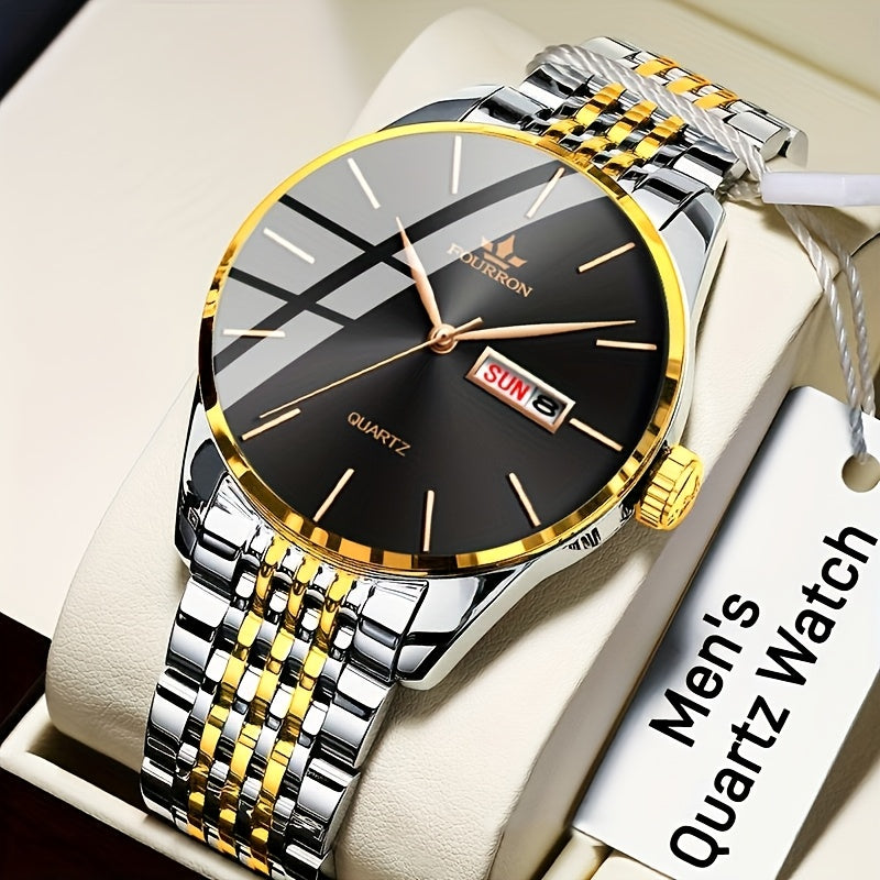 An Ideal Choice For A New FOURRON Brand Men's Luxury Stainless Steel Strap Simple Dial Quartz Watch With Date Calendar, Trendy Fashion Sports Casual Lifestyle Travel Multi-function Watch, Ideal For Friends' Birthdays, Holiday
