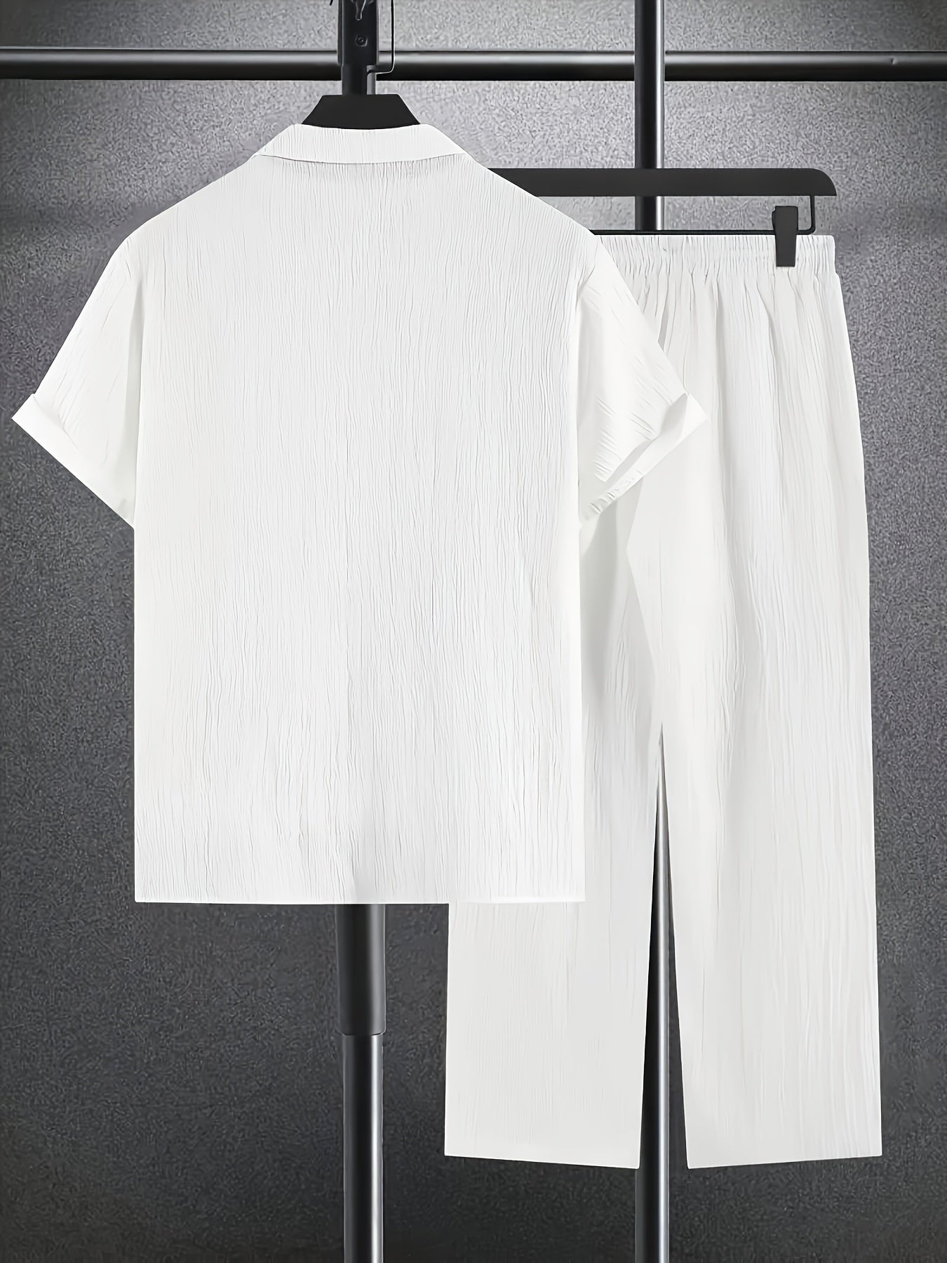 2pcs Men'S Casual Summer Set - Short Sleeve Button-Up Cuban Collar Shirt and Drawstring Waist Pants, Polyester Blend, Solid Color, Regular Fit, Breathable Fabric, Lightweight for Daily Wear