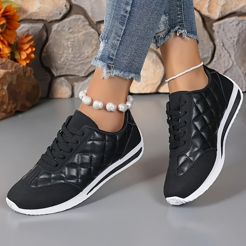 Women's Retro Athletic Sneakers - Lightweight, All-Season, Stability Support, Synthetic Leather Upper, Fabric Lining, TPR Sole, Quilted Design