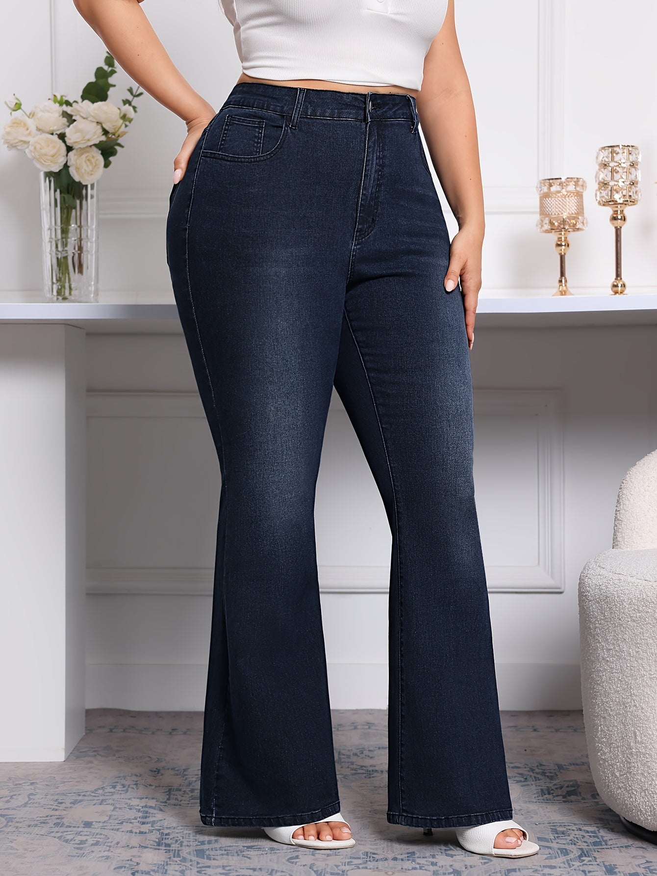 Plus Size Flare Leg Plain Washed Casual Style Zipper Button Closure Denim Pants, Women's Denim Jeans & Clothing