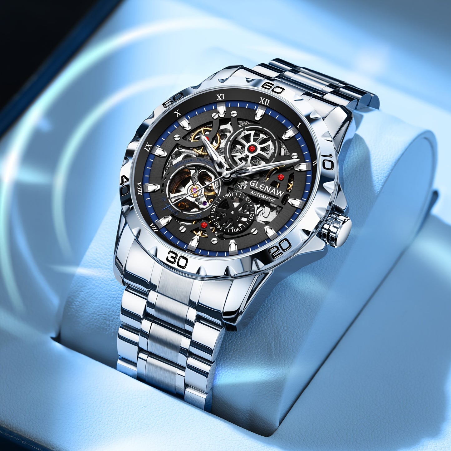 GLENAW Men's Automatic Skeleton Watch - Self-Winding Mechanical Watch with Flywheel Rotation, Transparent dial, Date Display, Stainless Steel Band - No Battery Needed, Wristwatch for Everyday & Formal Events - Ideal Gift for