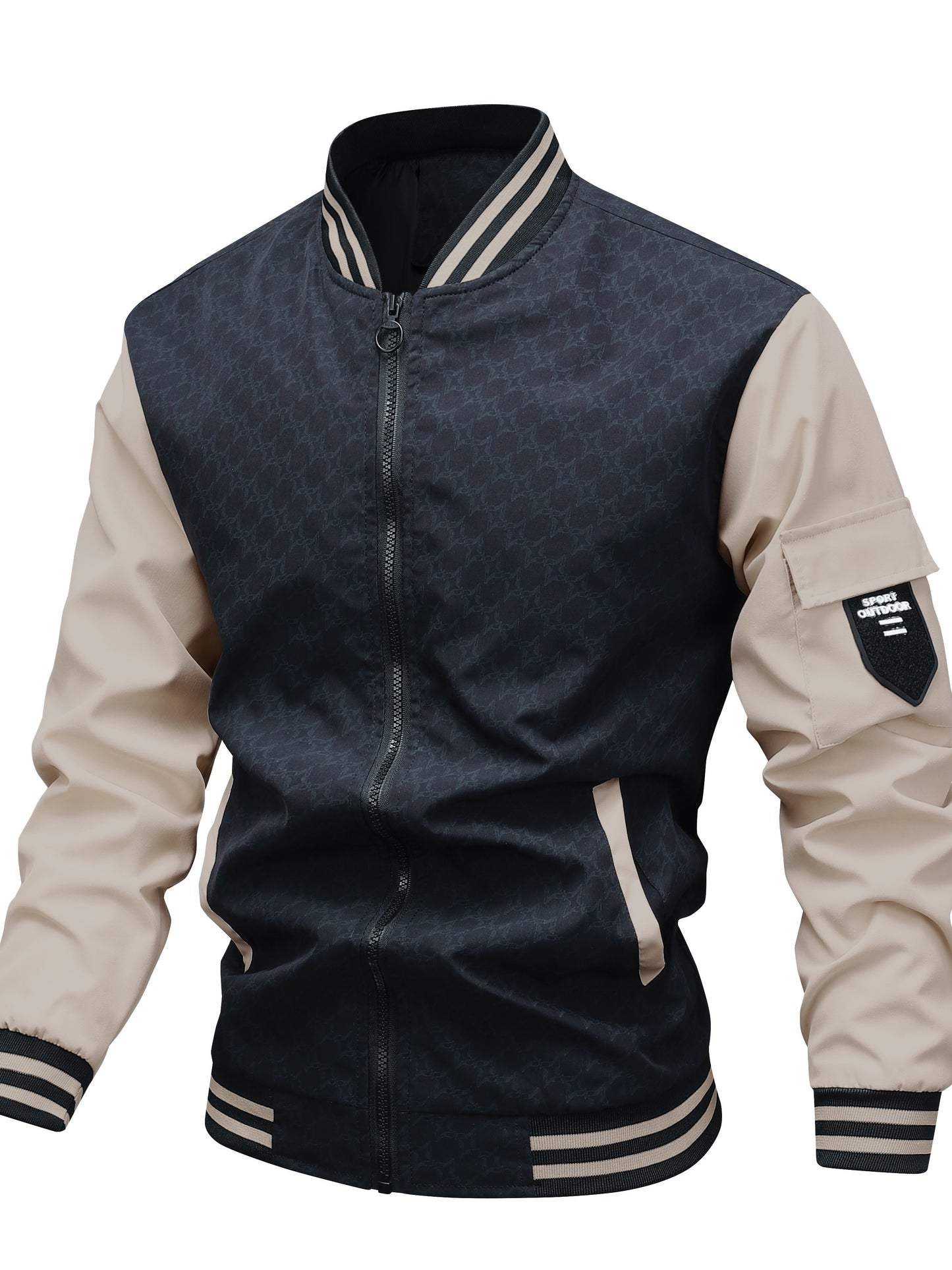 Men'S Lightweight Geometric Pattern Bomber Jacket - Casual Long Sleeve Zip-Up with Pockets, White & Gray, Polyester Lining, Perfect for Fall, Autumn Jacket